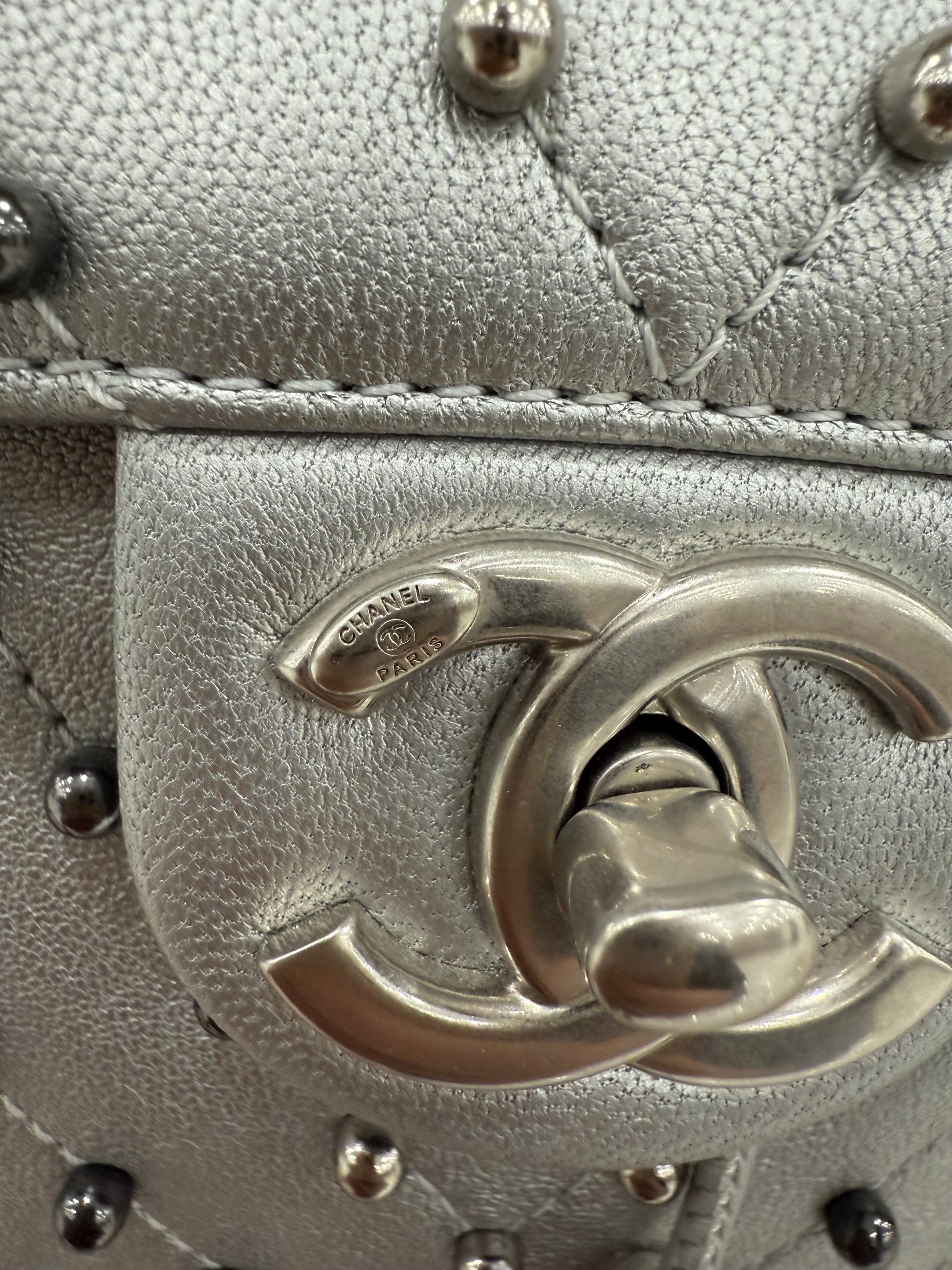 Chanel Silver Metallic Chevron Studded Backpack