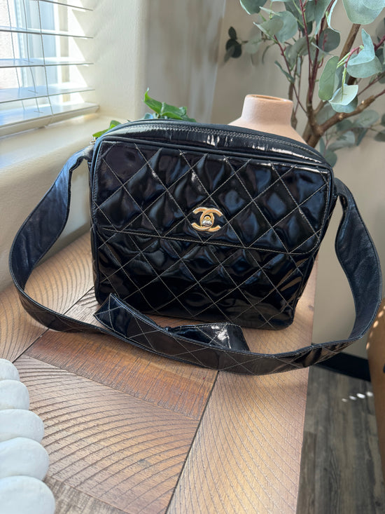 Chanel Black Patent Leather Quilted Crossbody Bag