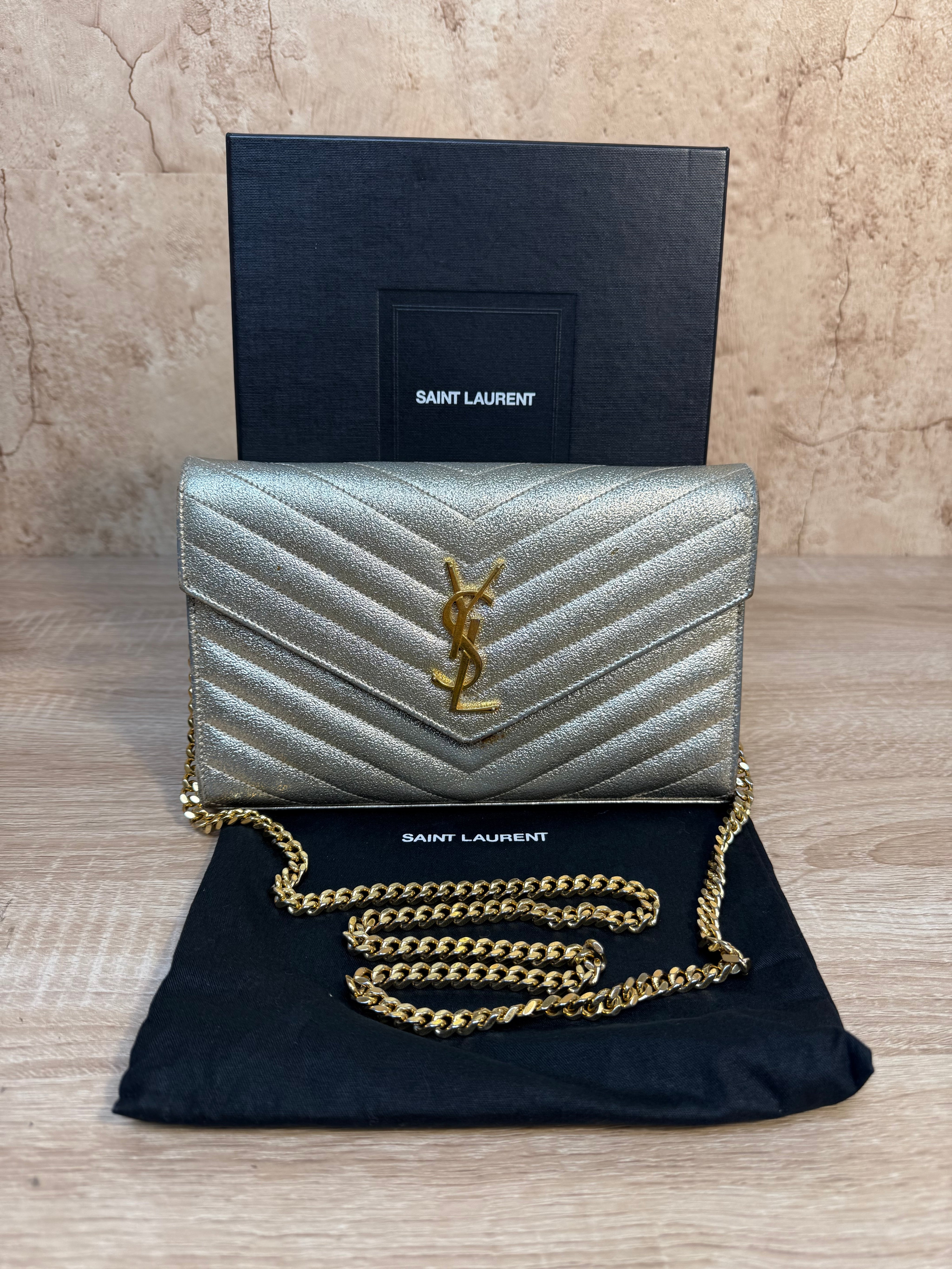 Saint Laurent YSL Gold Metallic Grain De Poudre Matelasse Wallet on a Chain