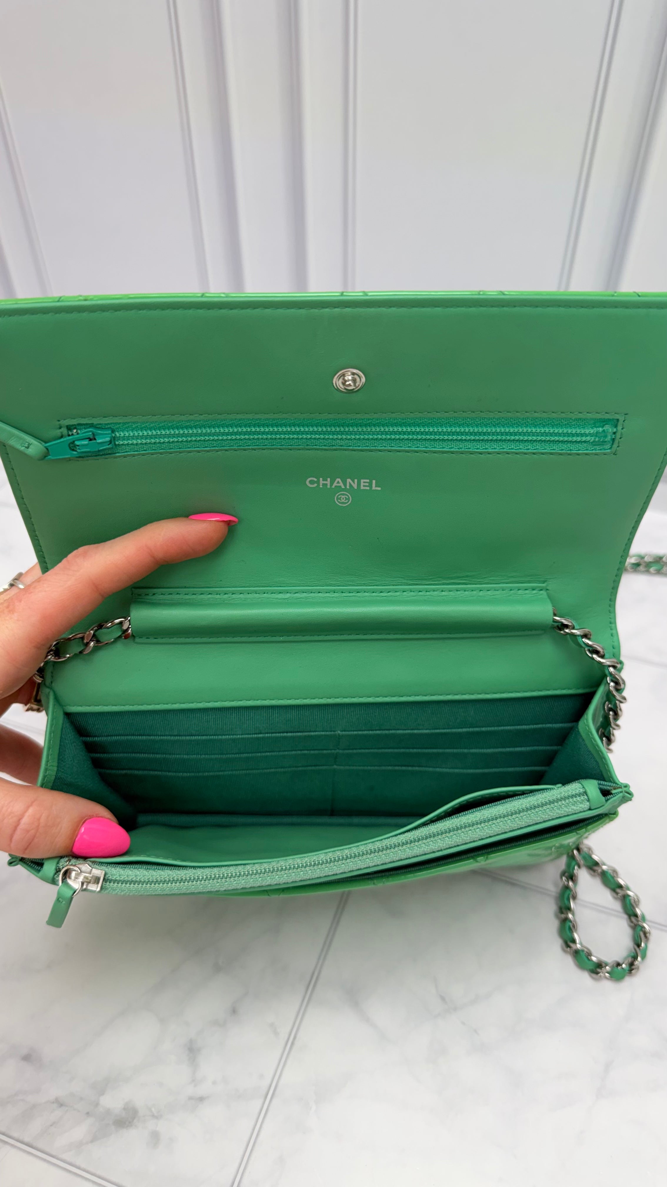 Chanel Seafoam Green Quilted Patent Leather Wallet on a Chain
