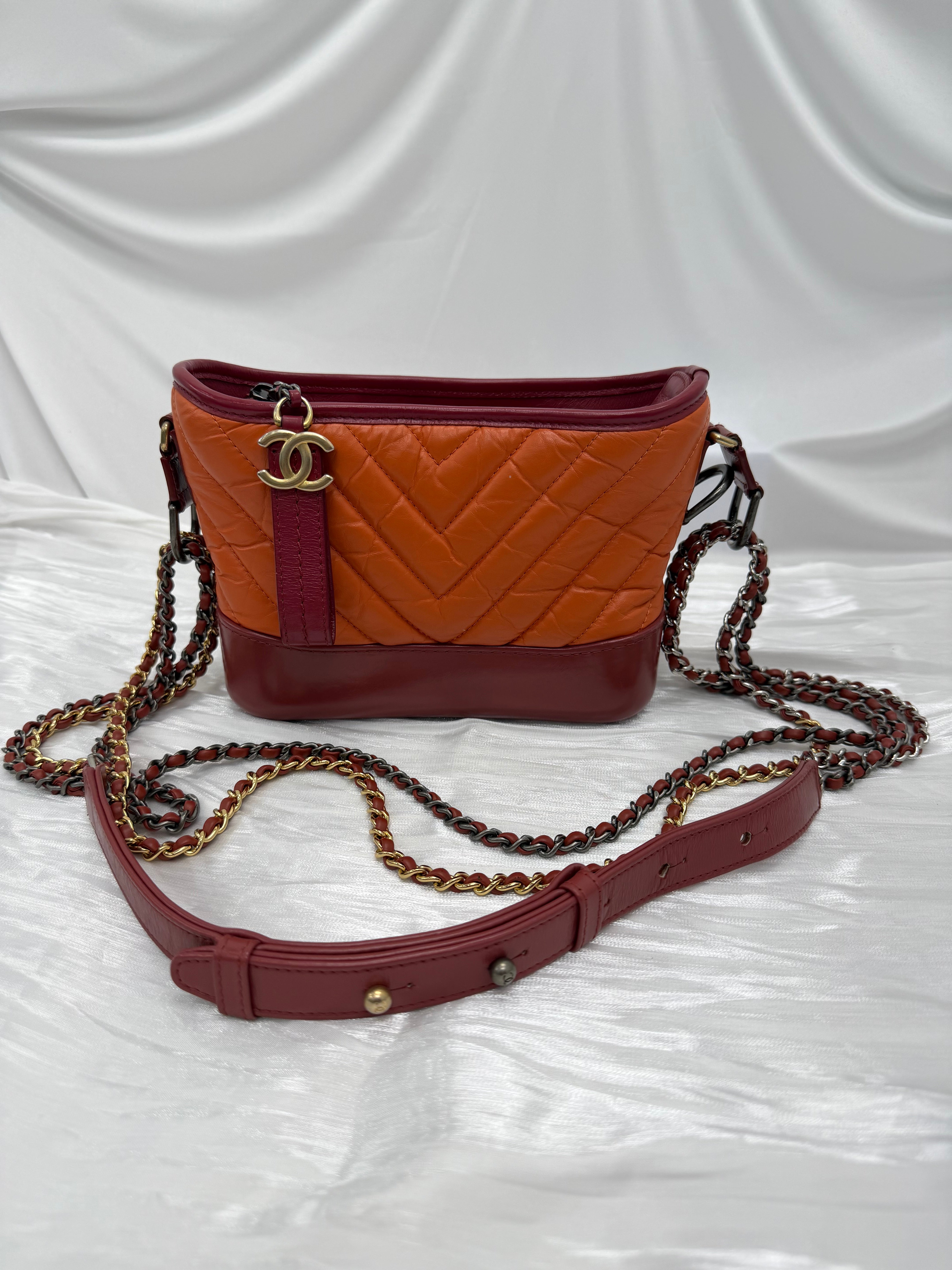 Chanel Orange Bicolor Aged Quilted Calfskin Small Gabrielle Hobo Bag
