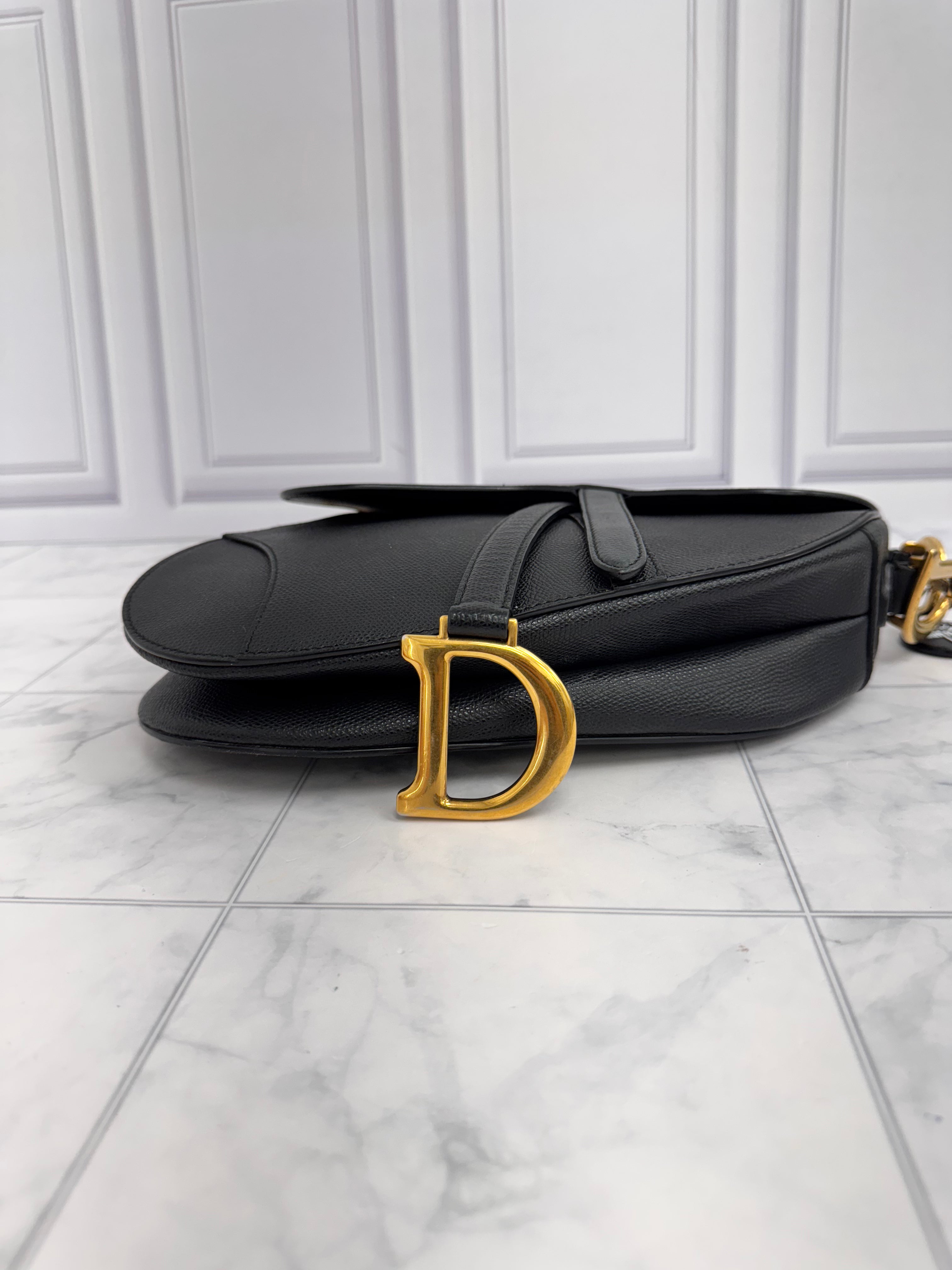 Christian Dior Black Grained Calfskin Leather Medium Saddle Bag