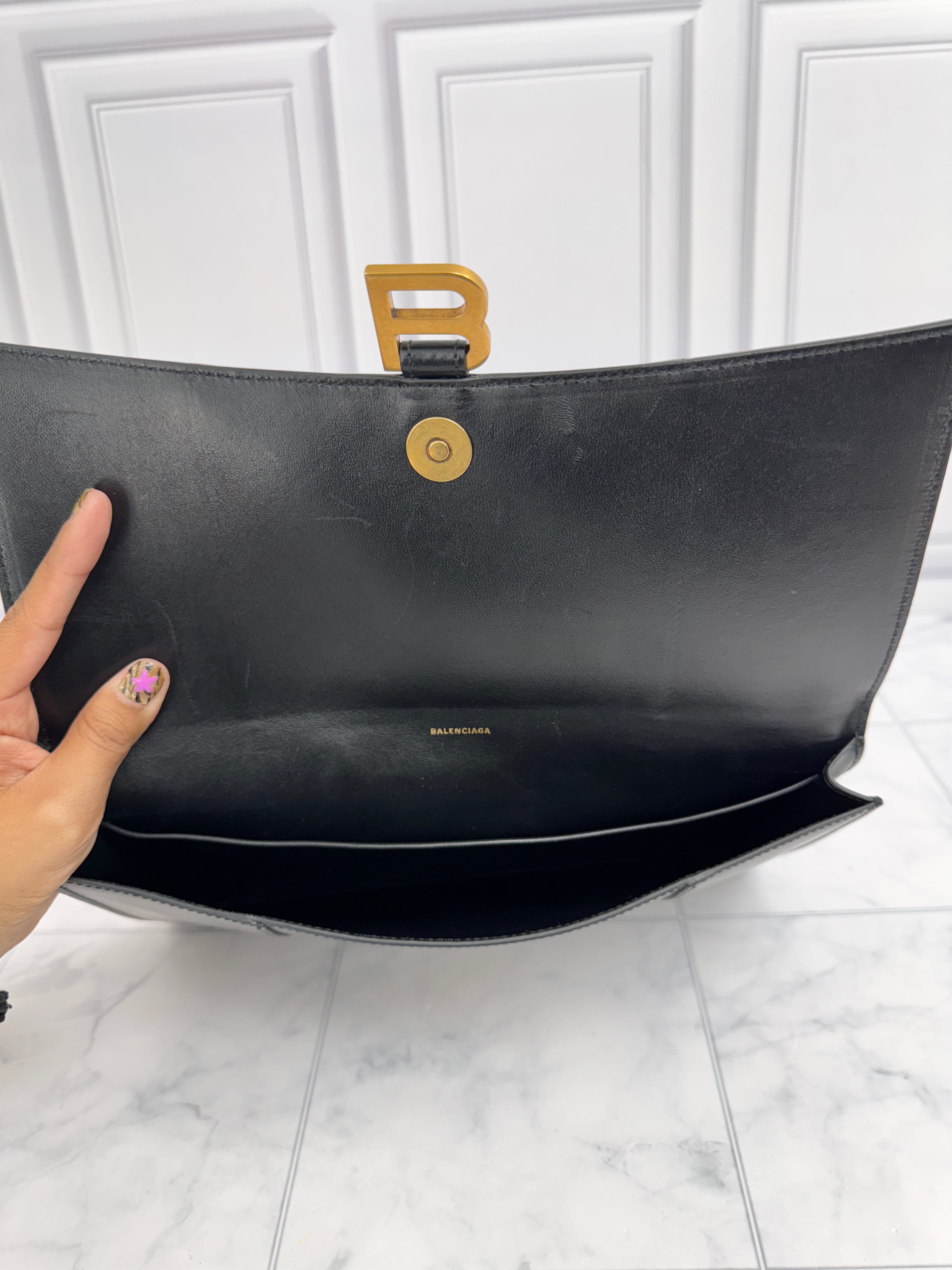 Balenciaga Black Leather Flat Hourglass Clutch