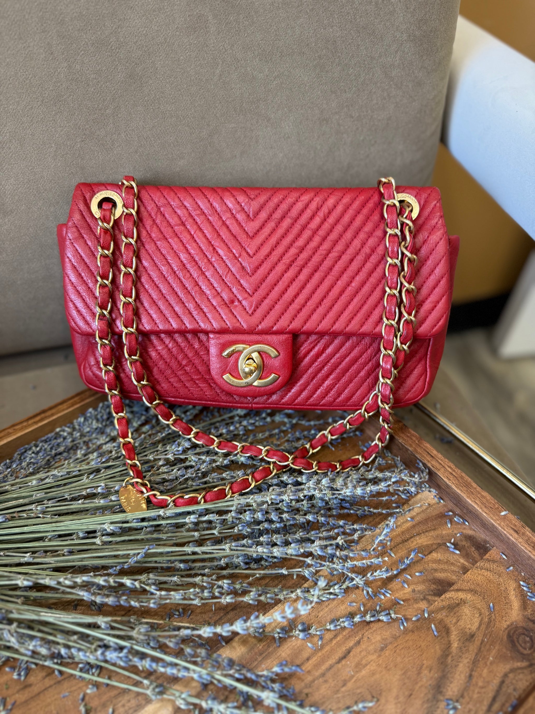 Chanel Red Chevron Quilt Surpique Flap Bag