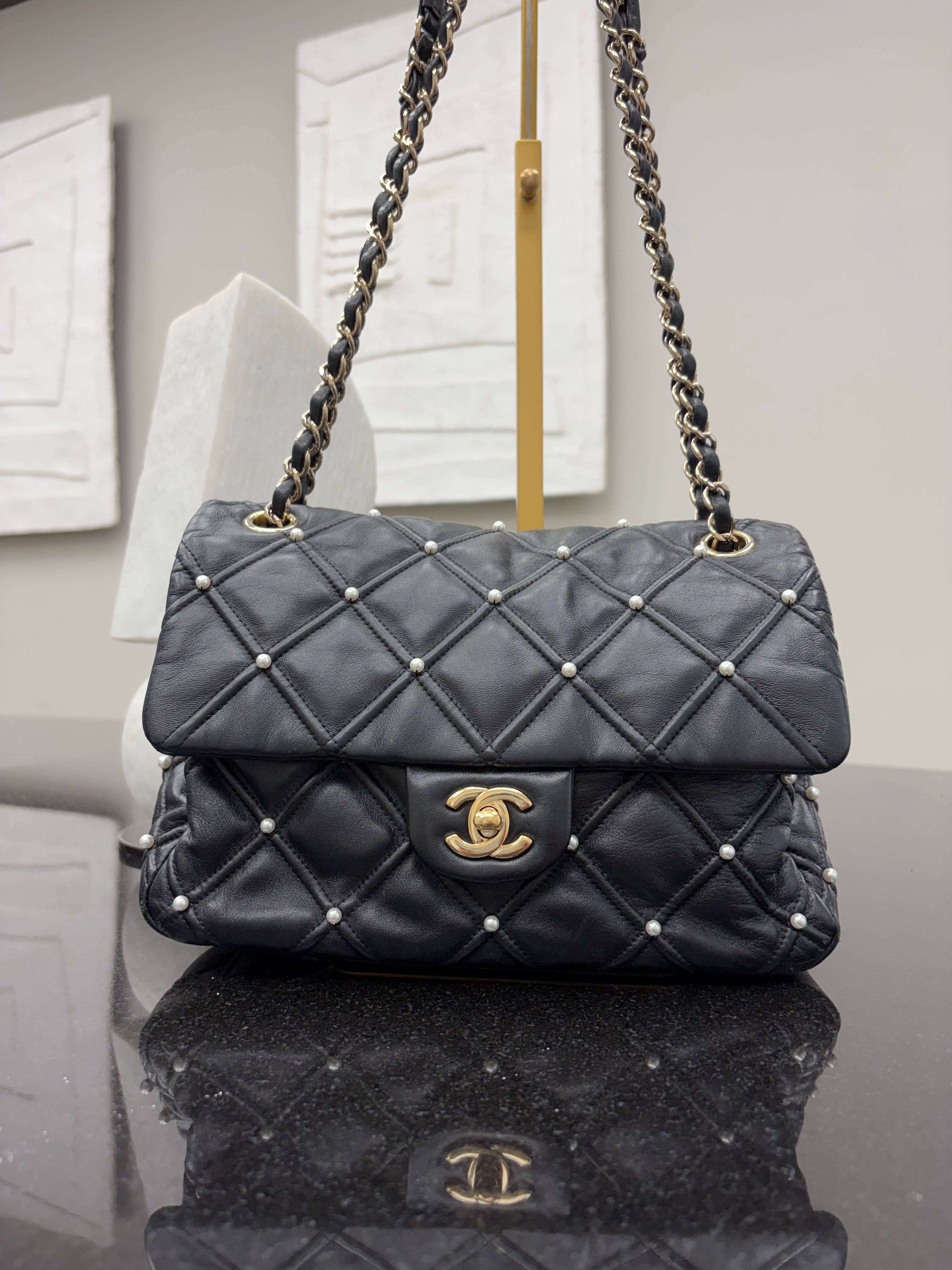 Chanel Black Quilted Lambskin Pearl Studded Flap Bag