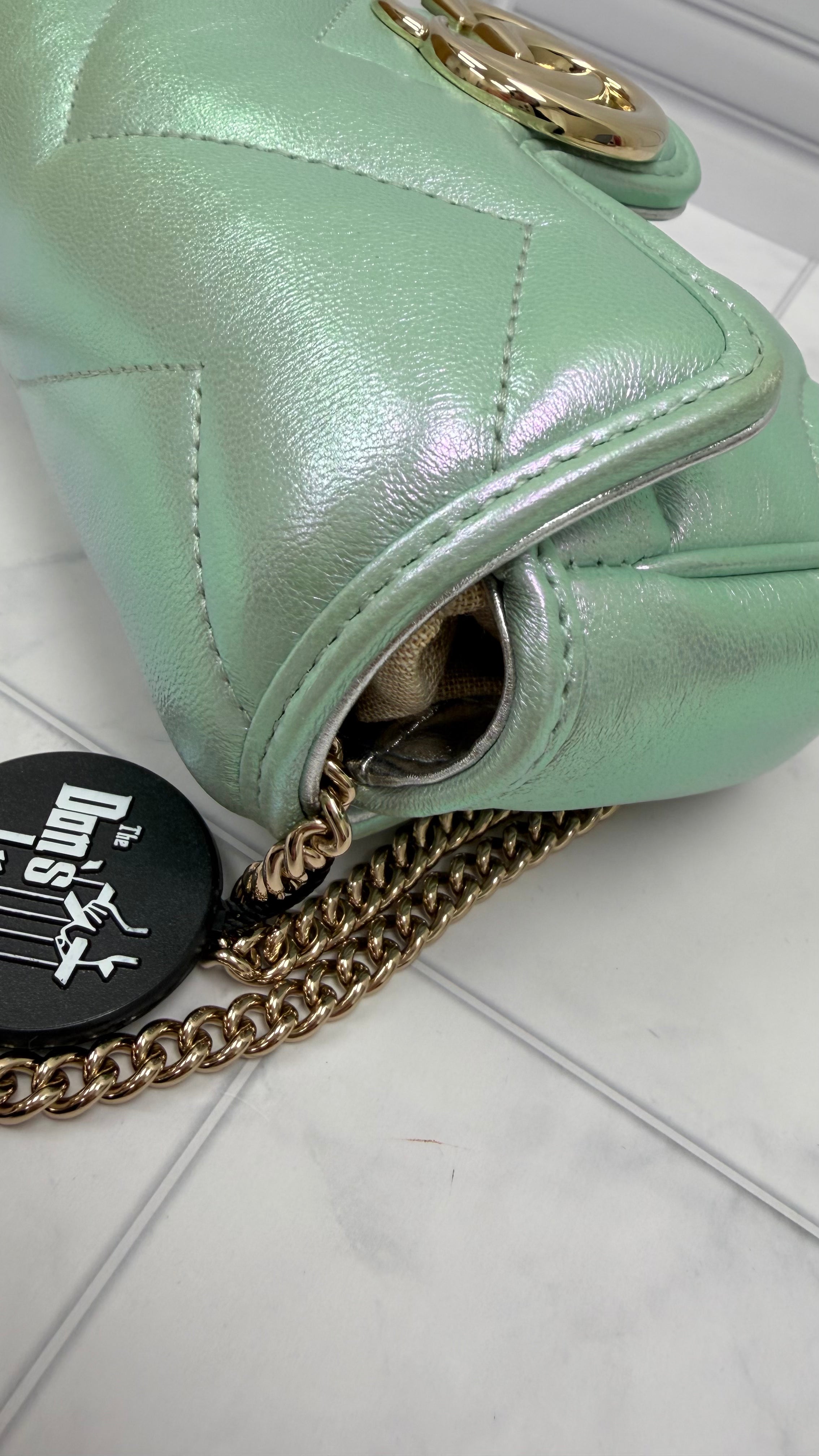 *DONS DROP* Gucci Iridescent Green Nappa Leather Super Mini Marmont Flap Bag