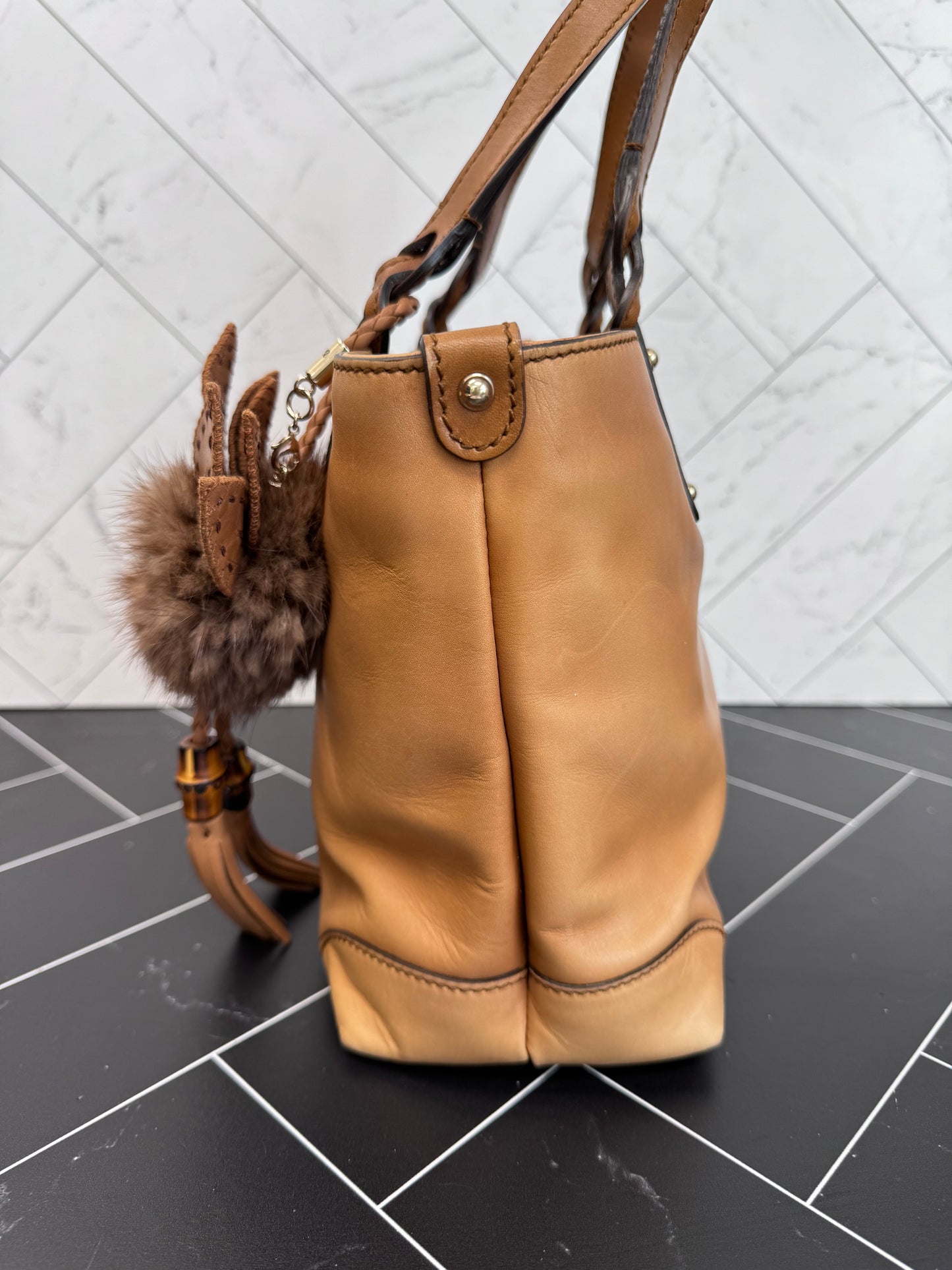 Gucci Tan Leather Craft Bag with Fur Pouch