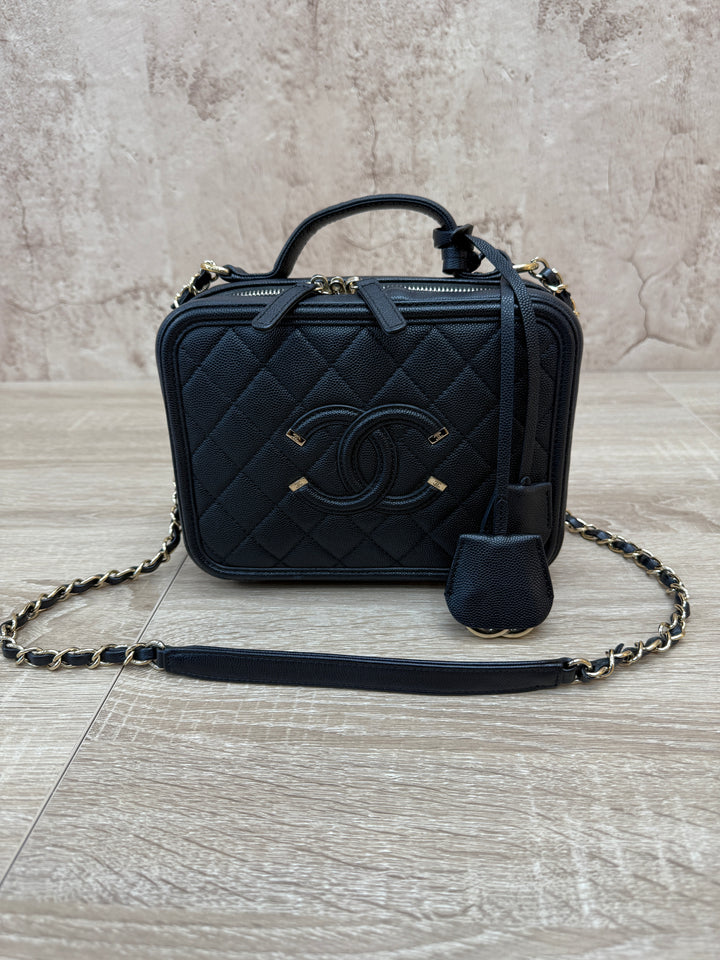 Chanel Black Caviar Quilted Medium CC Filigree Vanity Case