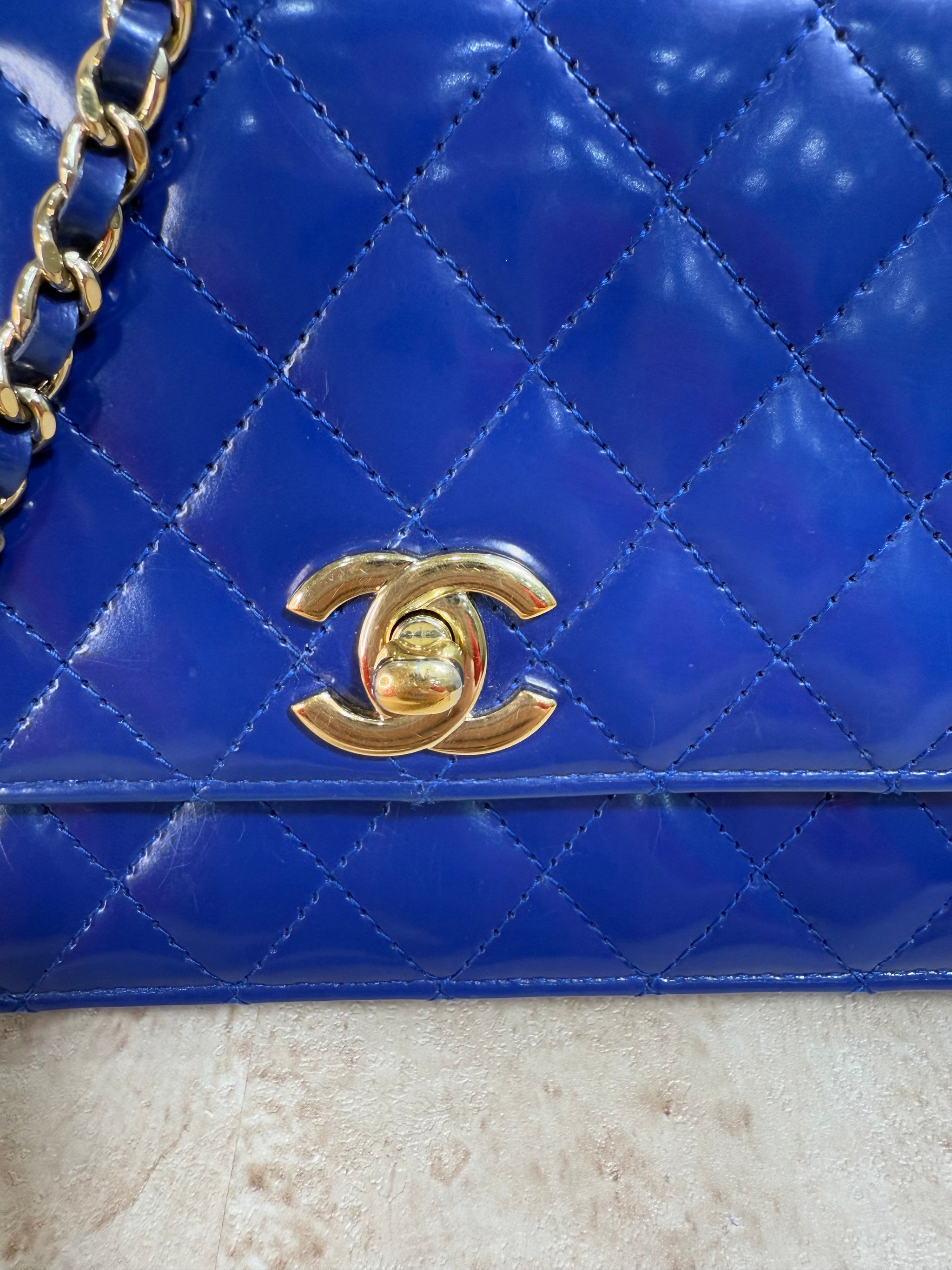 Chanel Blue Patent Quilted Leather Triangle Bag