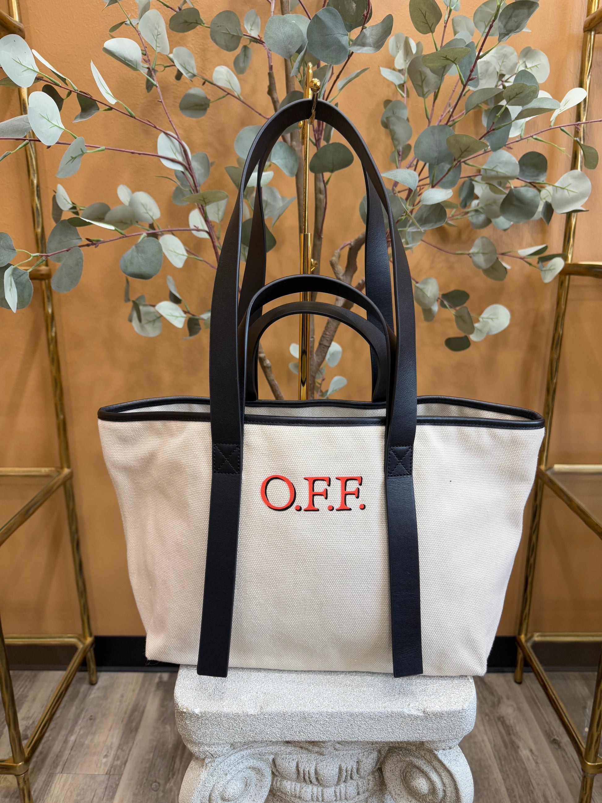 BRAND NEW- Off White Canvas & Leather Tote Bag