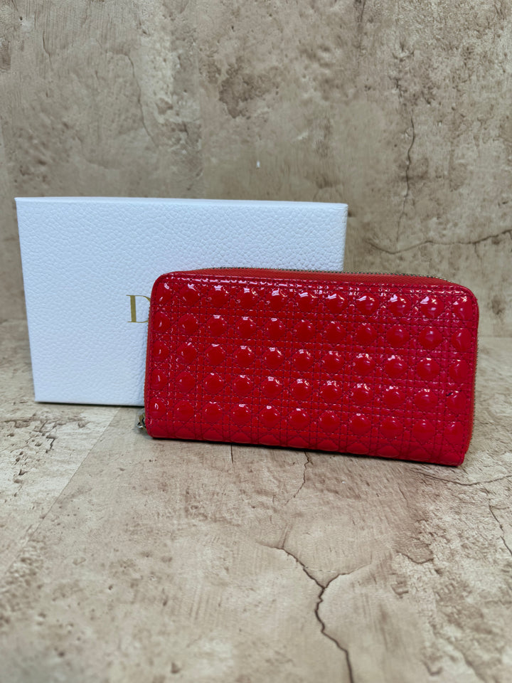 Christian Dior Red Patent Leather Cannage Zippy Wallet