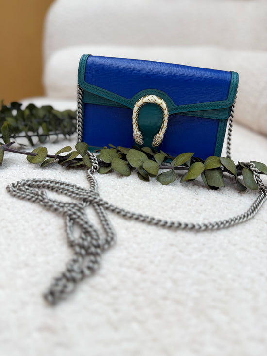 Gucci Blue & Teal Calfskin Leather Super Mini Enamel Dionysus Chain Bag