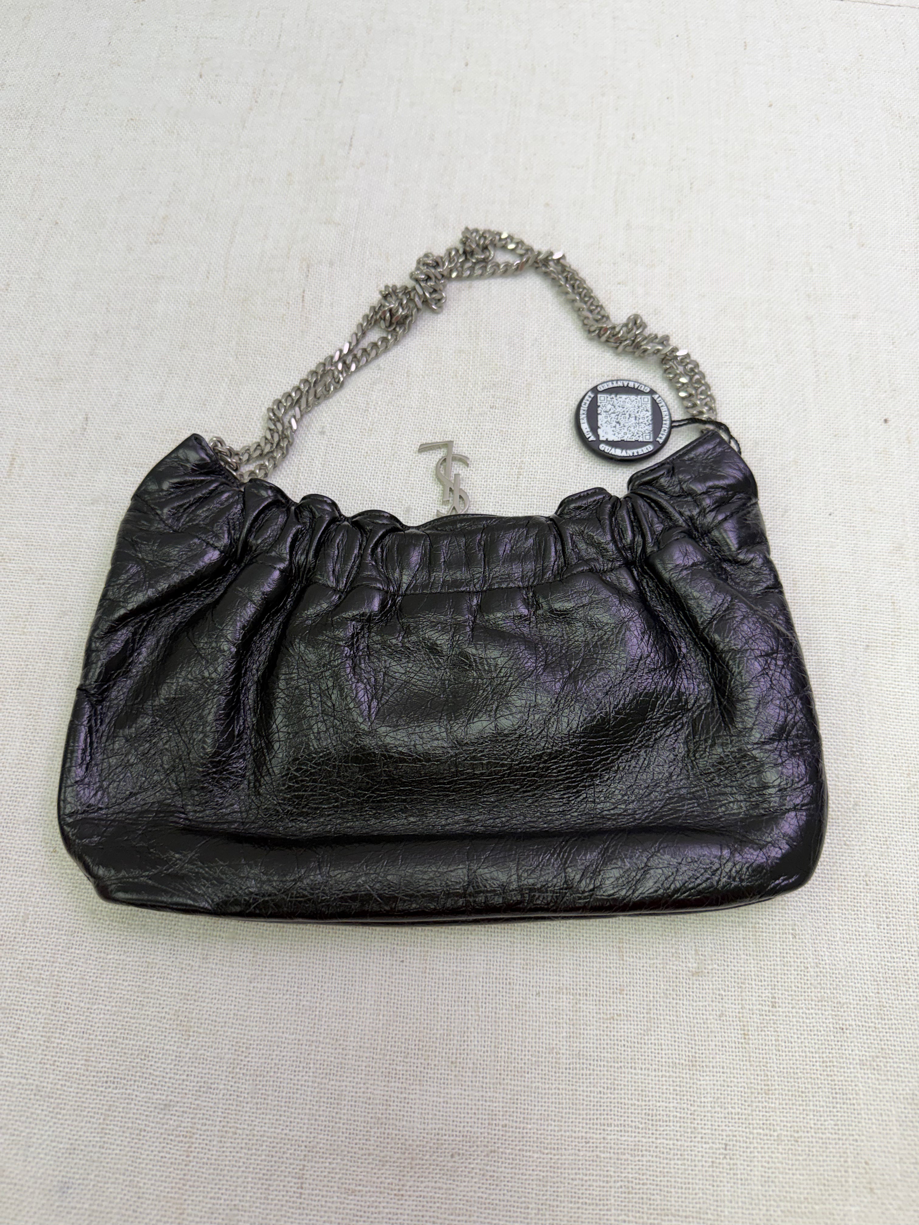 Saint Laurent YSL Black Crinkled Leather Pac Pac Ruched Hobo Bag