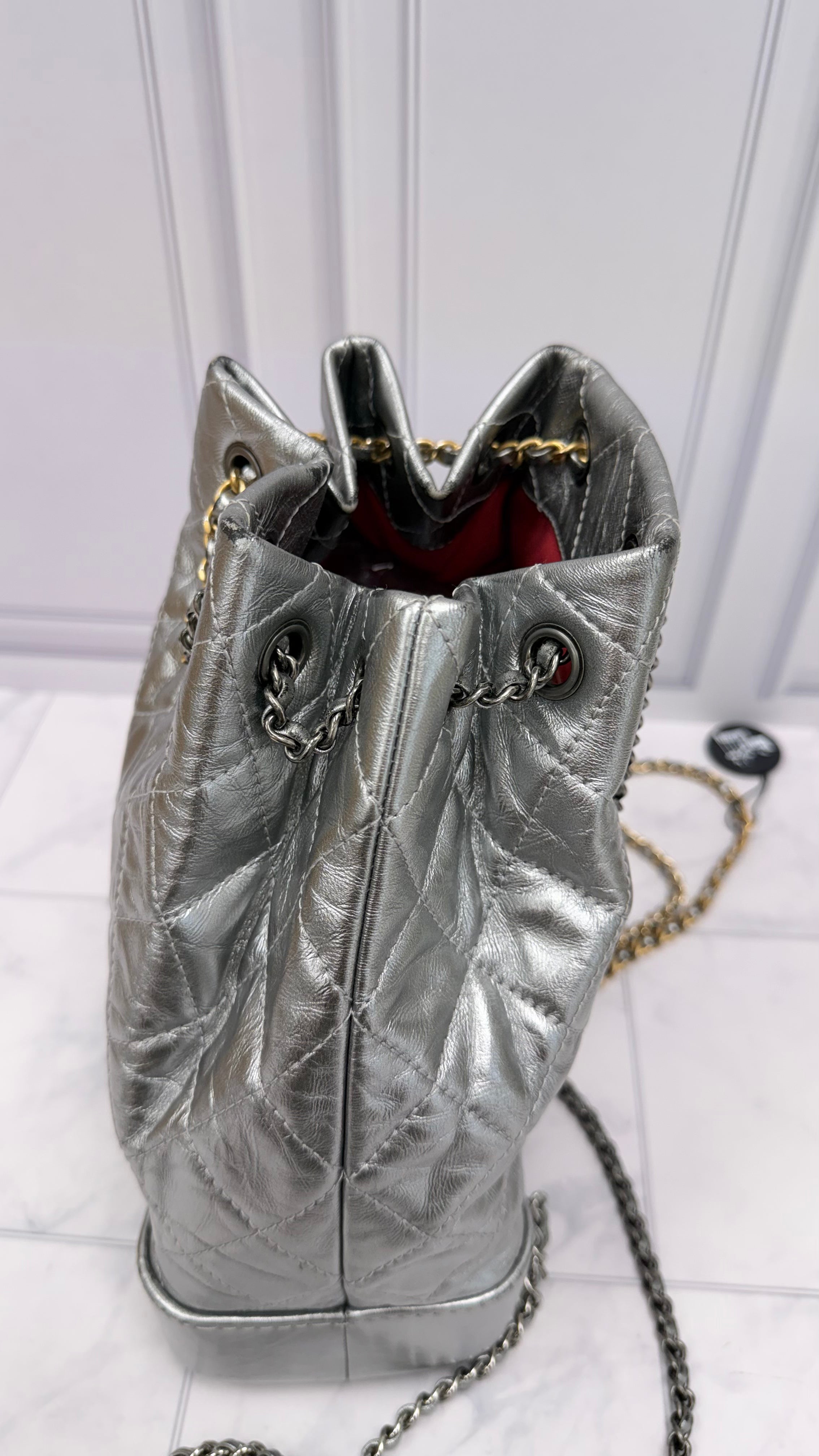 Chanel Silver Crumpled Calfskin Small Gabrielle Backpack