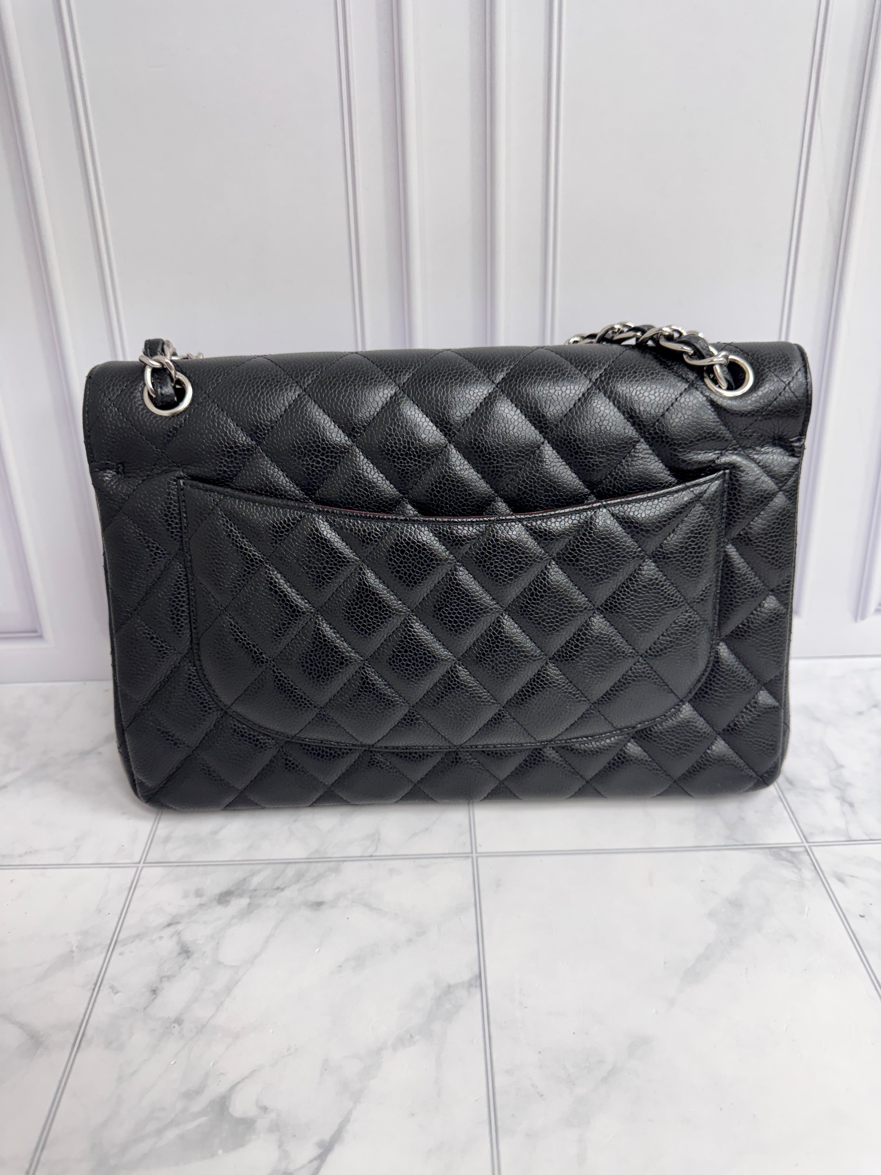 Chanel Black Diamond Quilted Caviar Leather Jumbo Classic Double Flap Bag