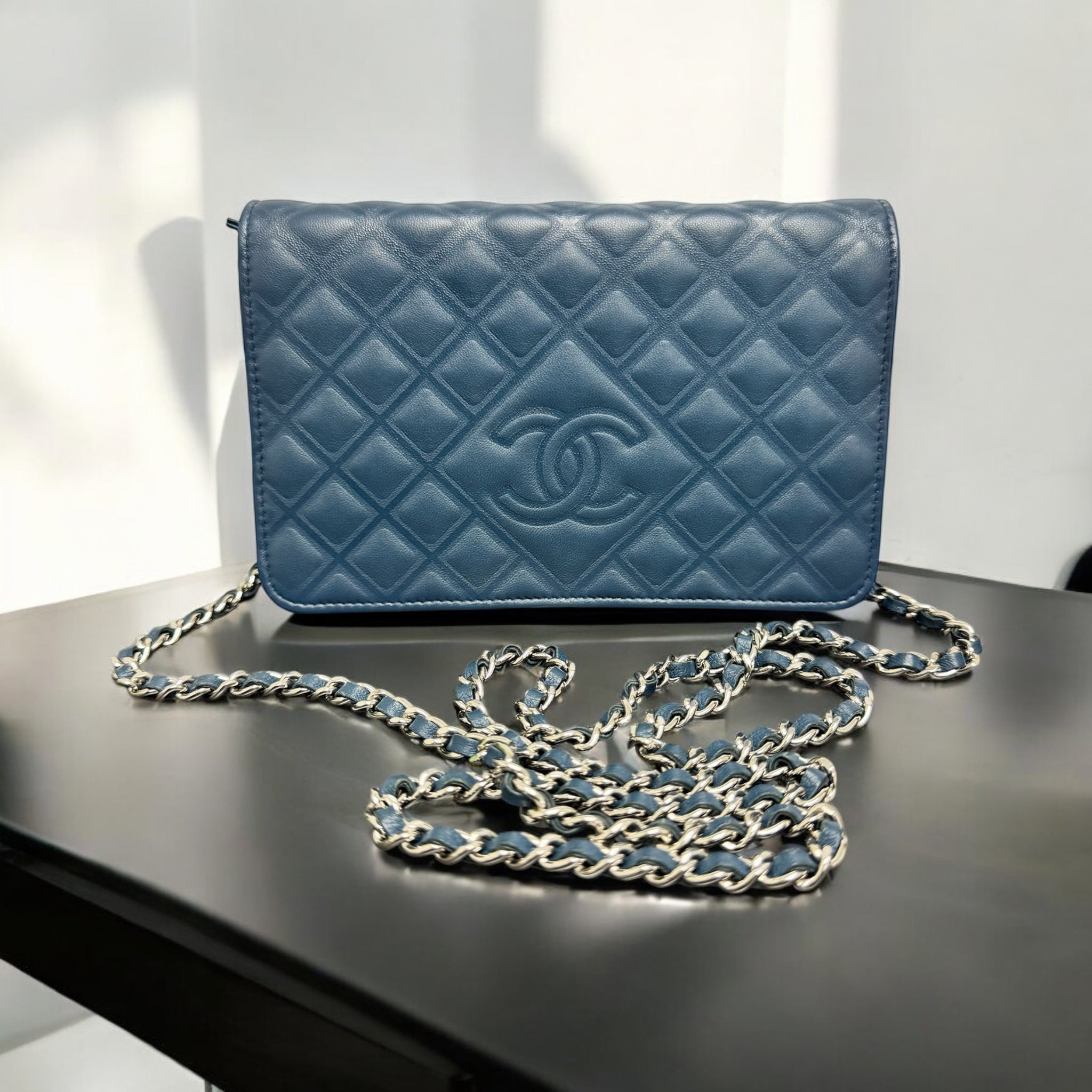 LIKE NEW Chanel Blue Diamond Quilted Lambskin CC Wallet on Chain