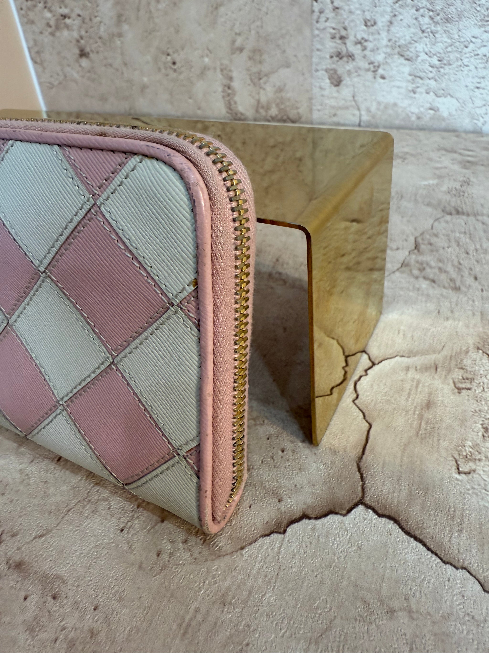 Prada Pink & White Diamond Leather Stitch Zippy Wallet