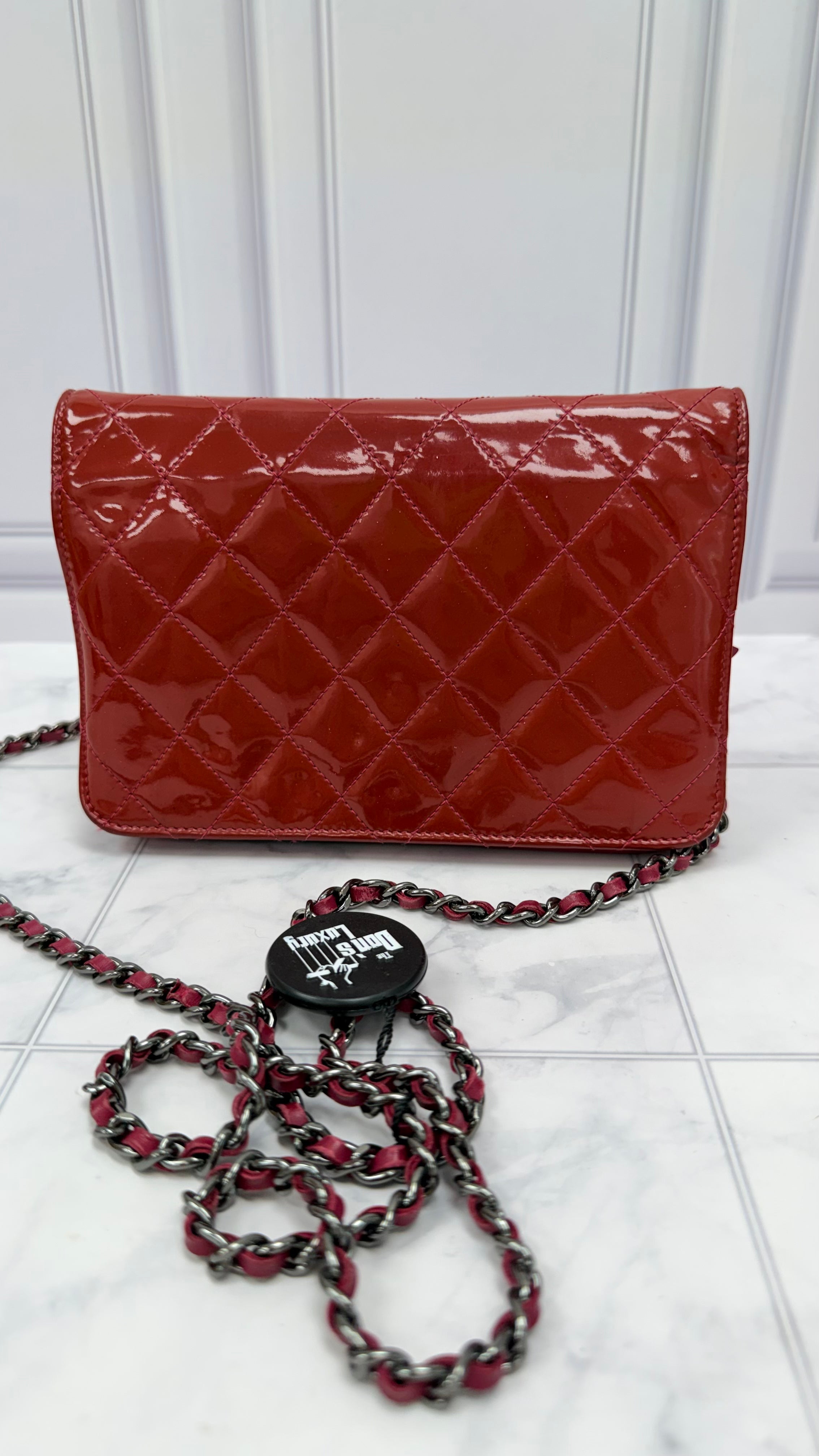 Chanel Rose Red Quilted Patent Leather Wallet on a Chain
