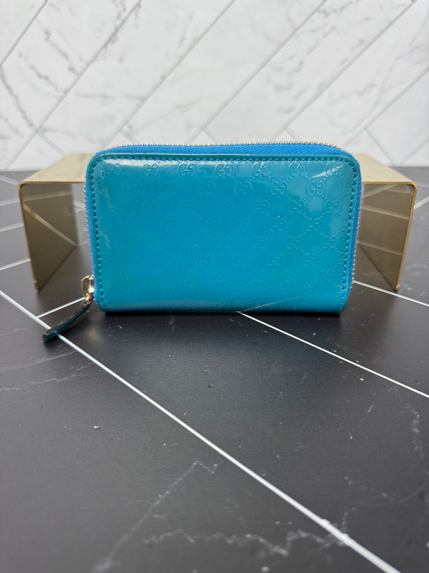 Gucci Teal Patent Leather Guccisima Compact Zippy Wallet