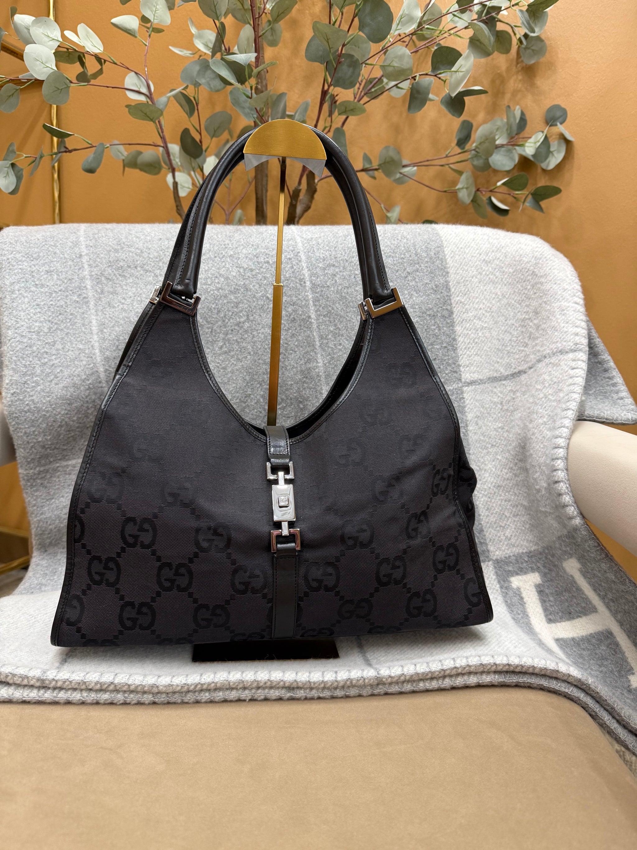 Gucci Black GG Canvas & Leather Jackie Shoulder Bag