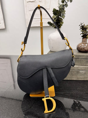 Christian Dior Black Grained Calfskin Leather Medium Saddle Bag