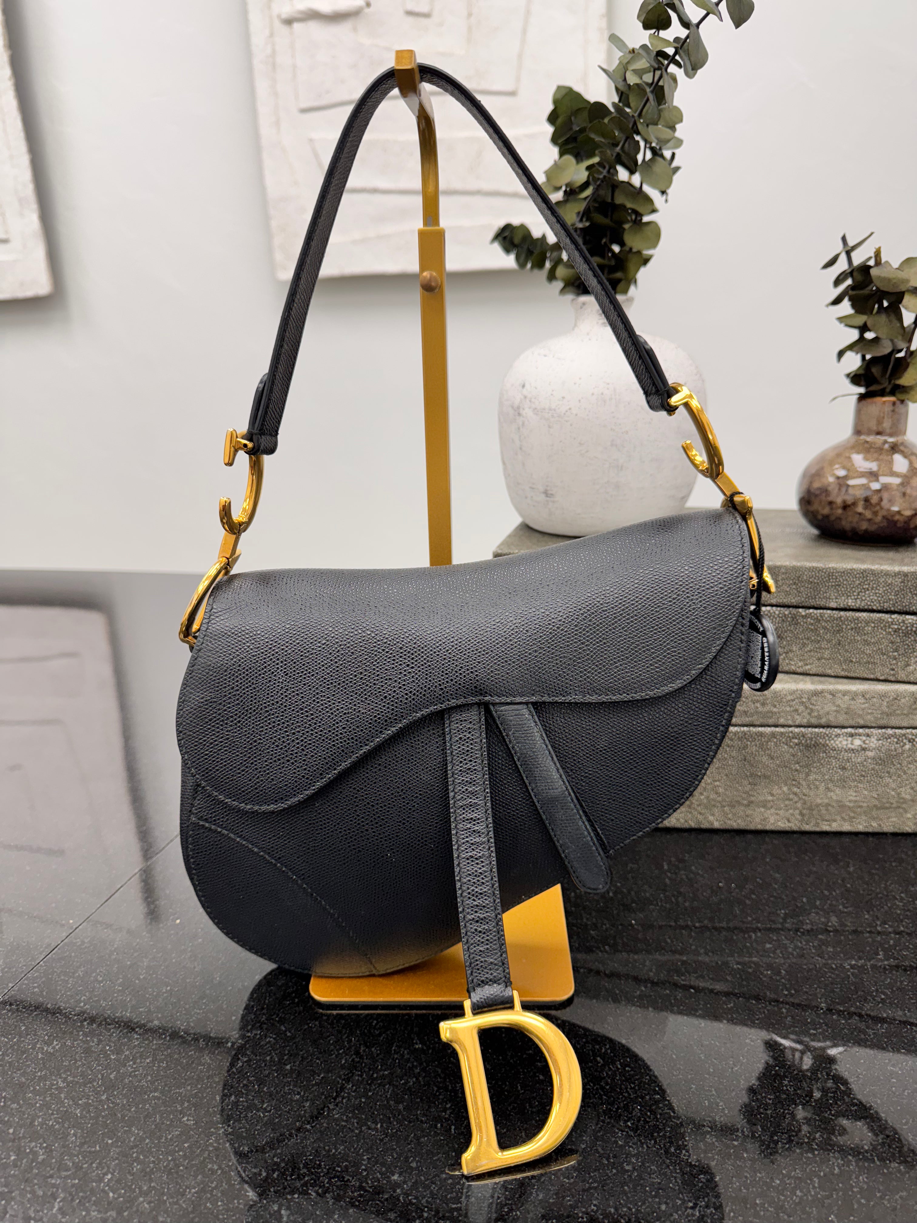 Christian Dior Black Grained Calfskin Leather Medium Saddle Bag