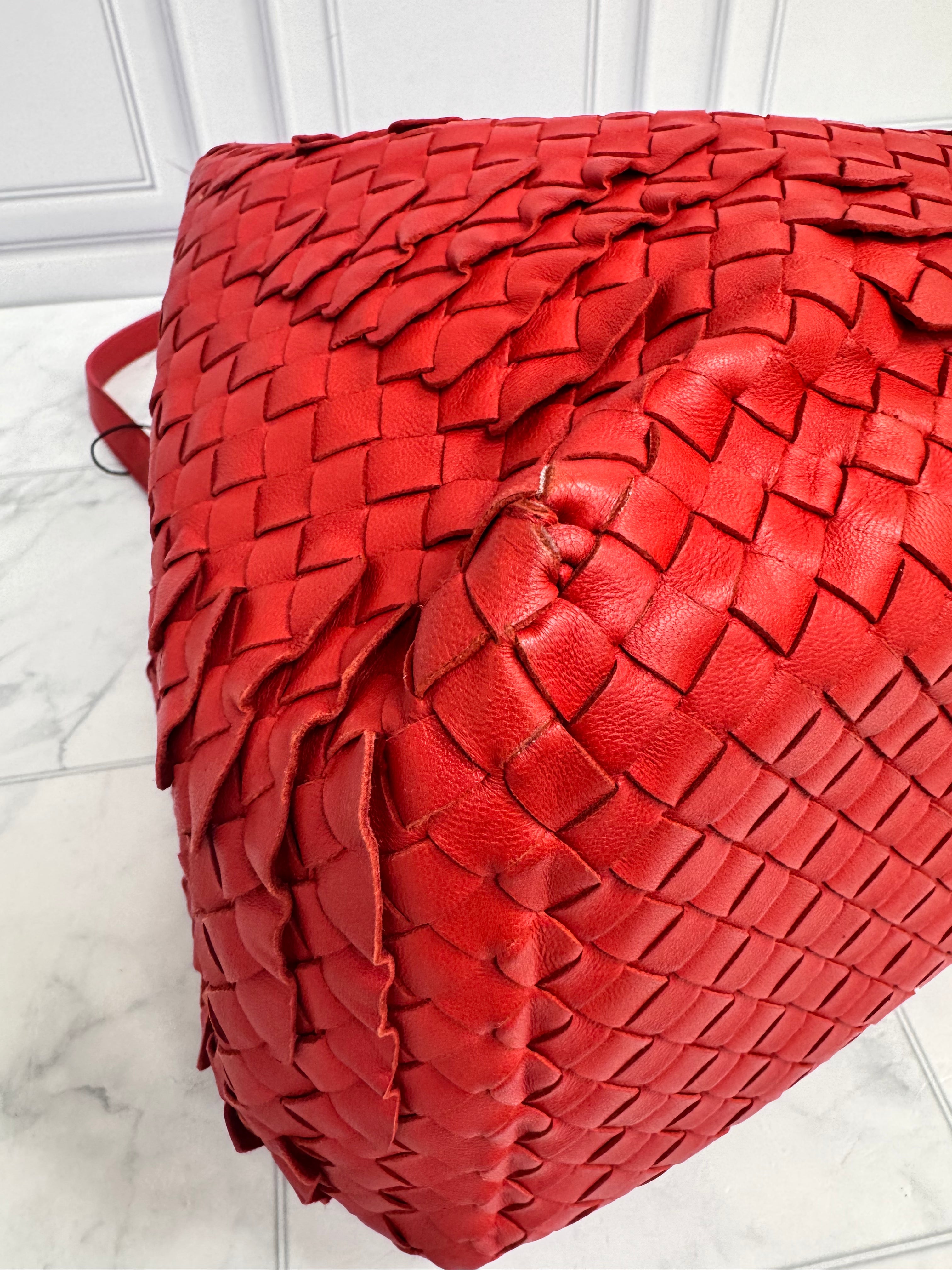 Bottega Veneta Red Intrecciato Leather Ruffle Tote
