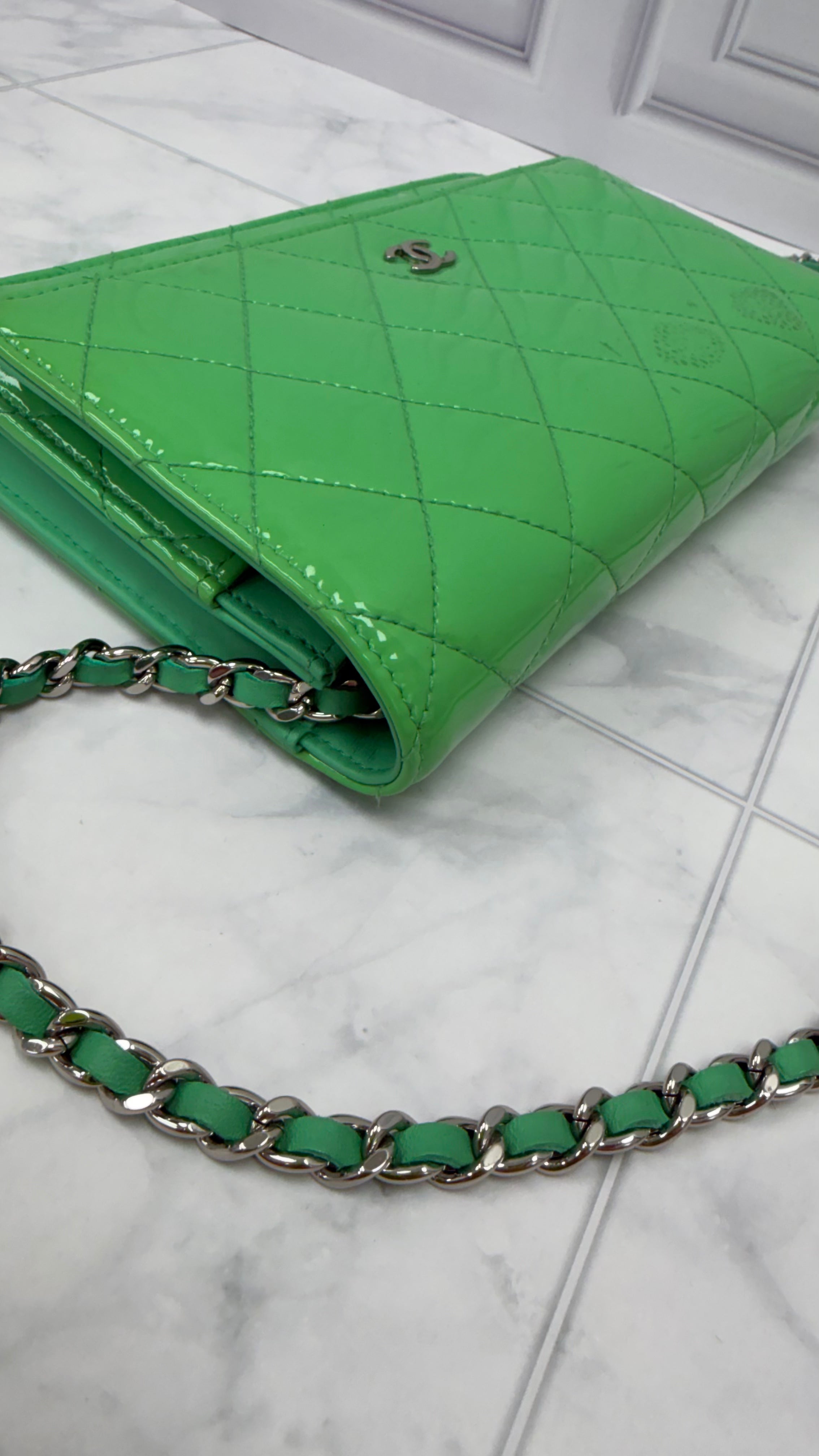Chanel Seafoam Green Quilted Patent Leather Wallet on a Chain