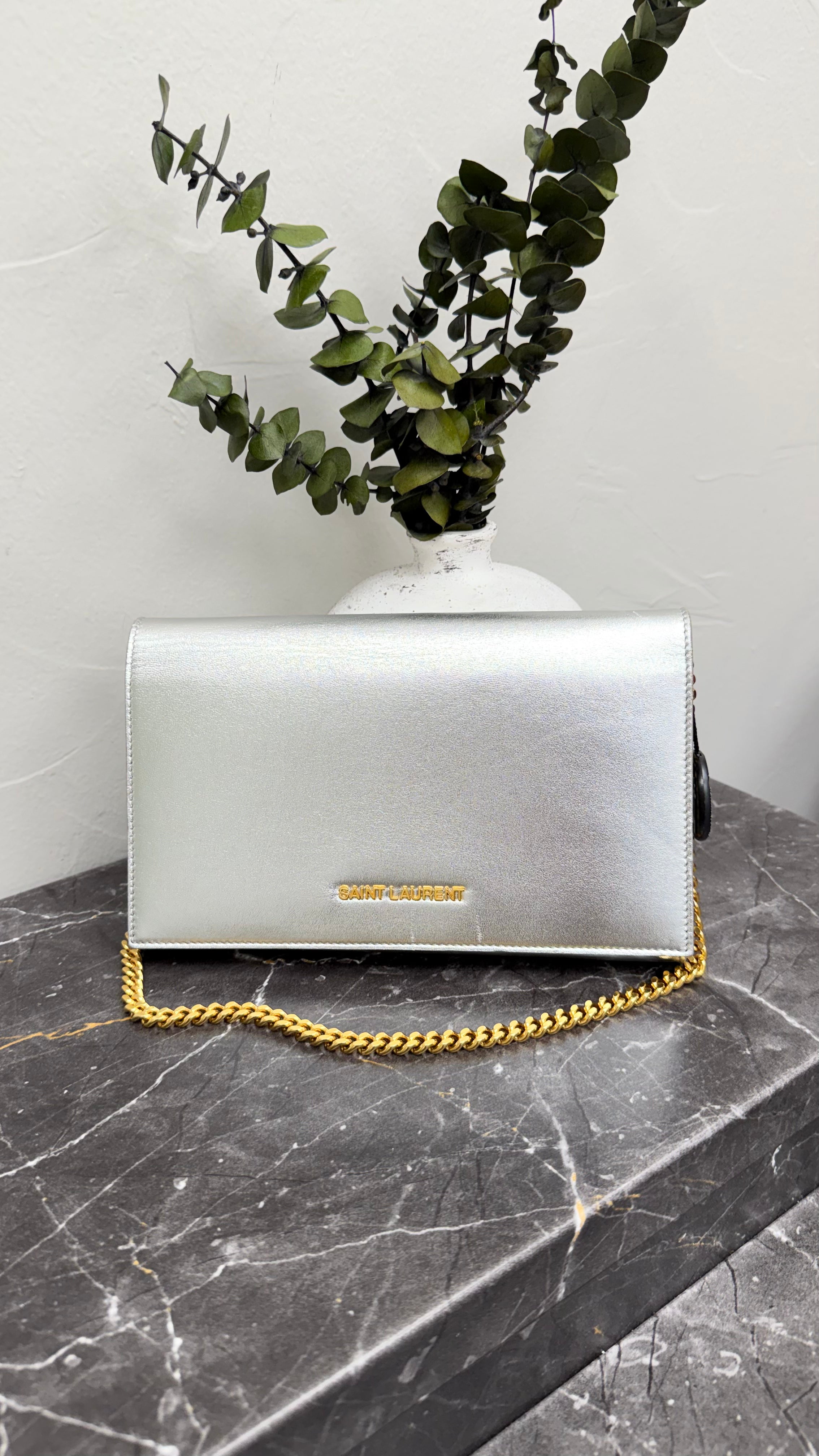 *DONS DROP* Saint Laurent YSL Metallic Silver Calfskin Chain Shoulder Bag
