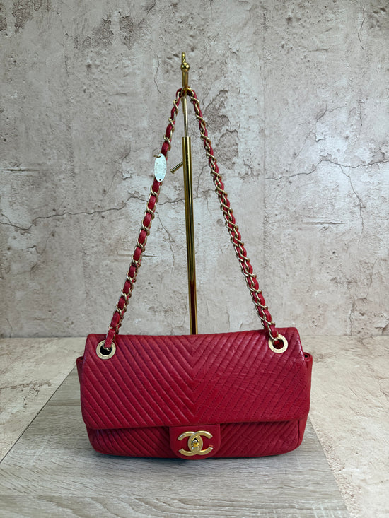 Chanel Red Chevron Quilt Surpique Flap Bag