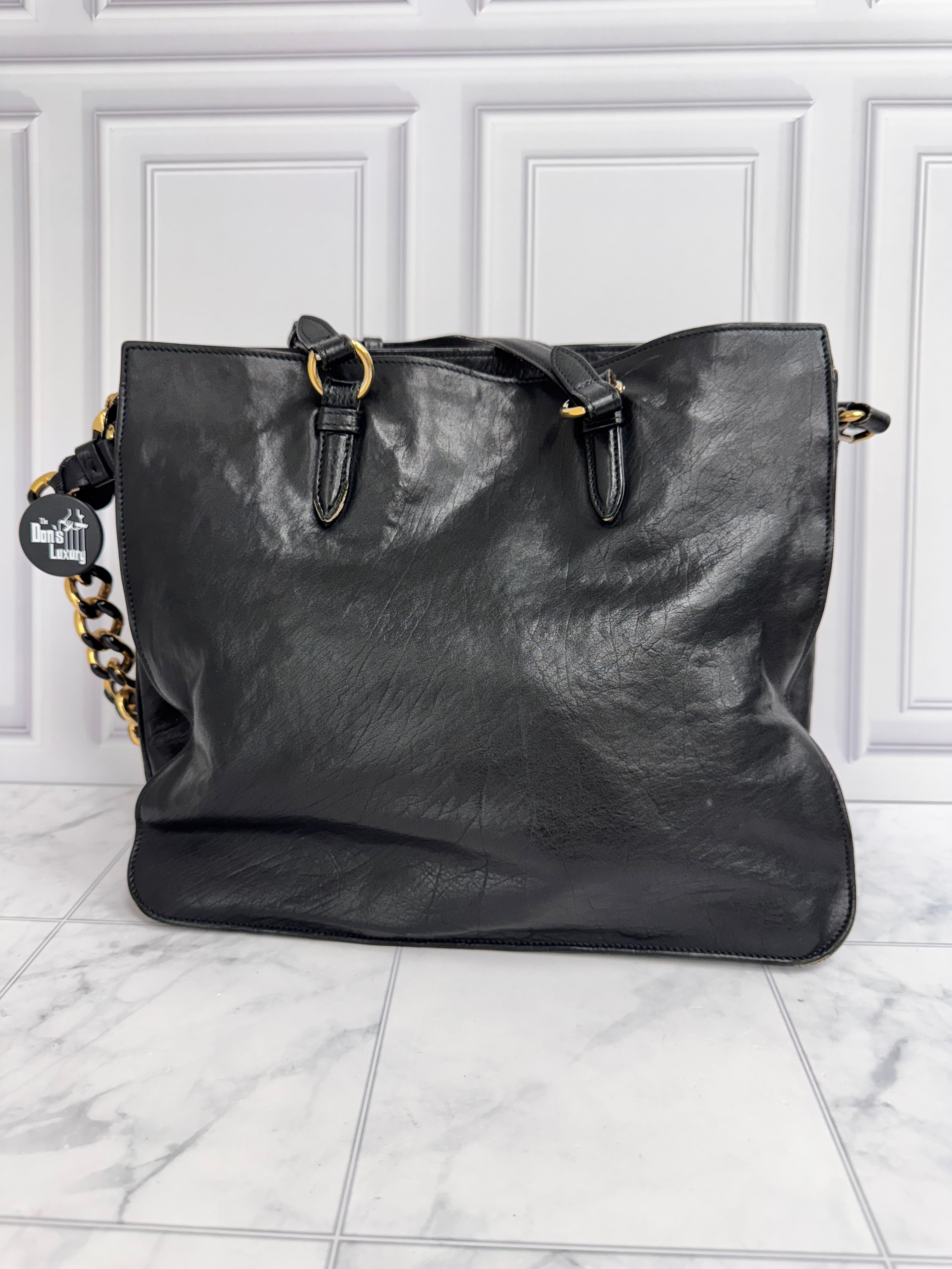 Salvatore Ferragamo Black Leather Chain Tote Bag
