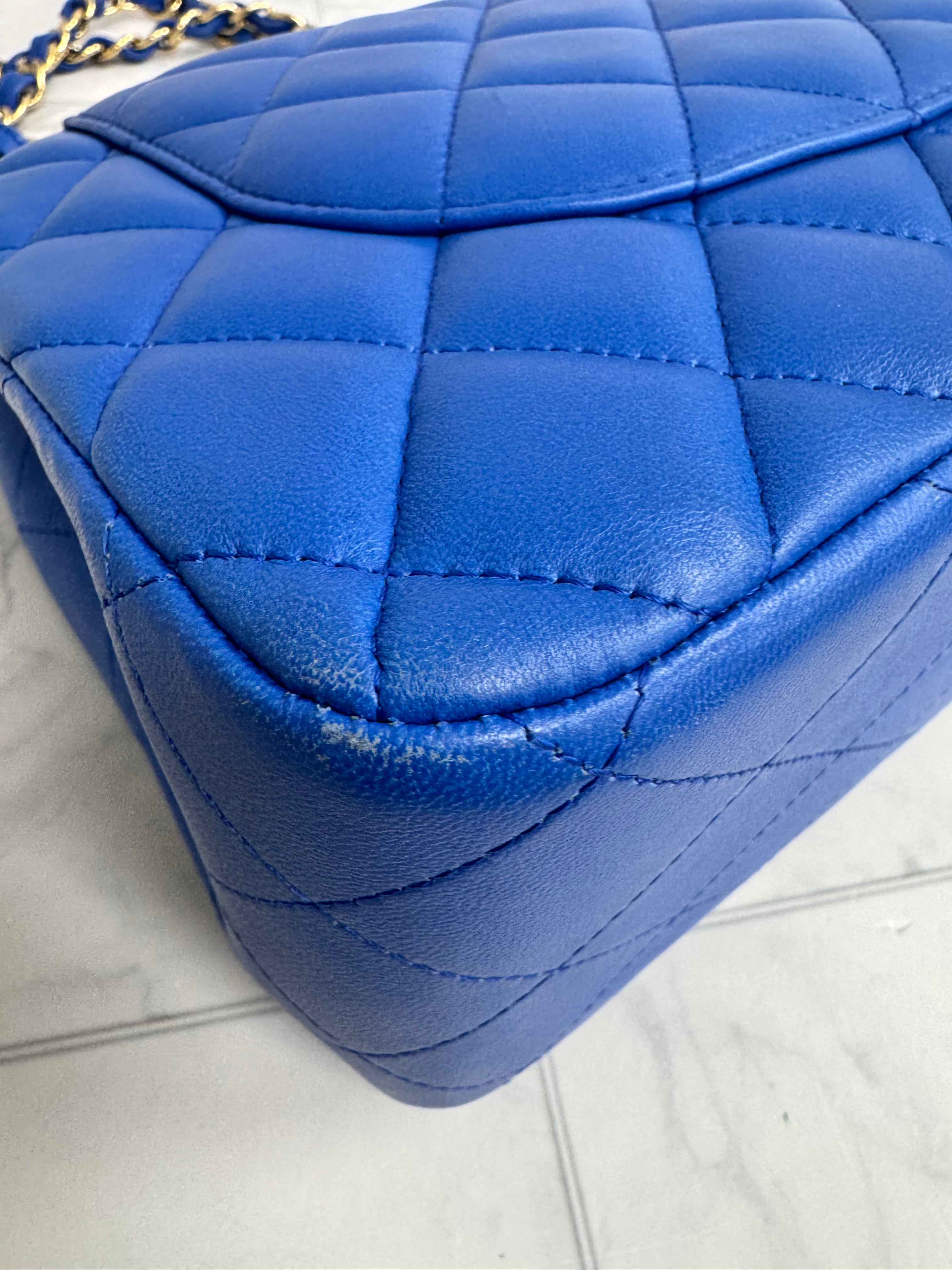 Chanel Blue Diamond Quilted Lambskin Jumbo Double Flap Bag