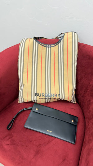 BRAND NEW: Burberry Black Leather & Nova Check Canvas Foldable Tote & Clutch