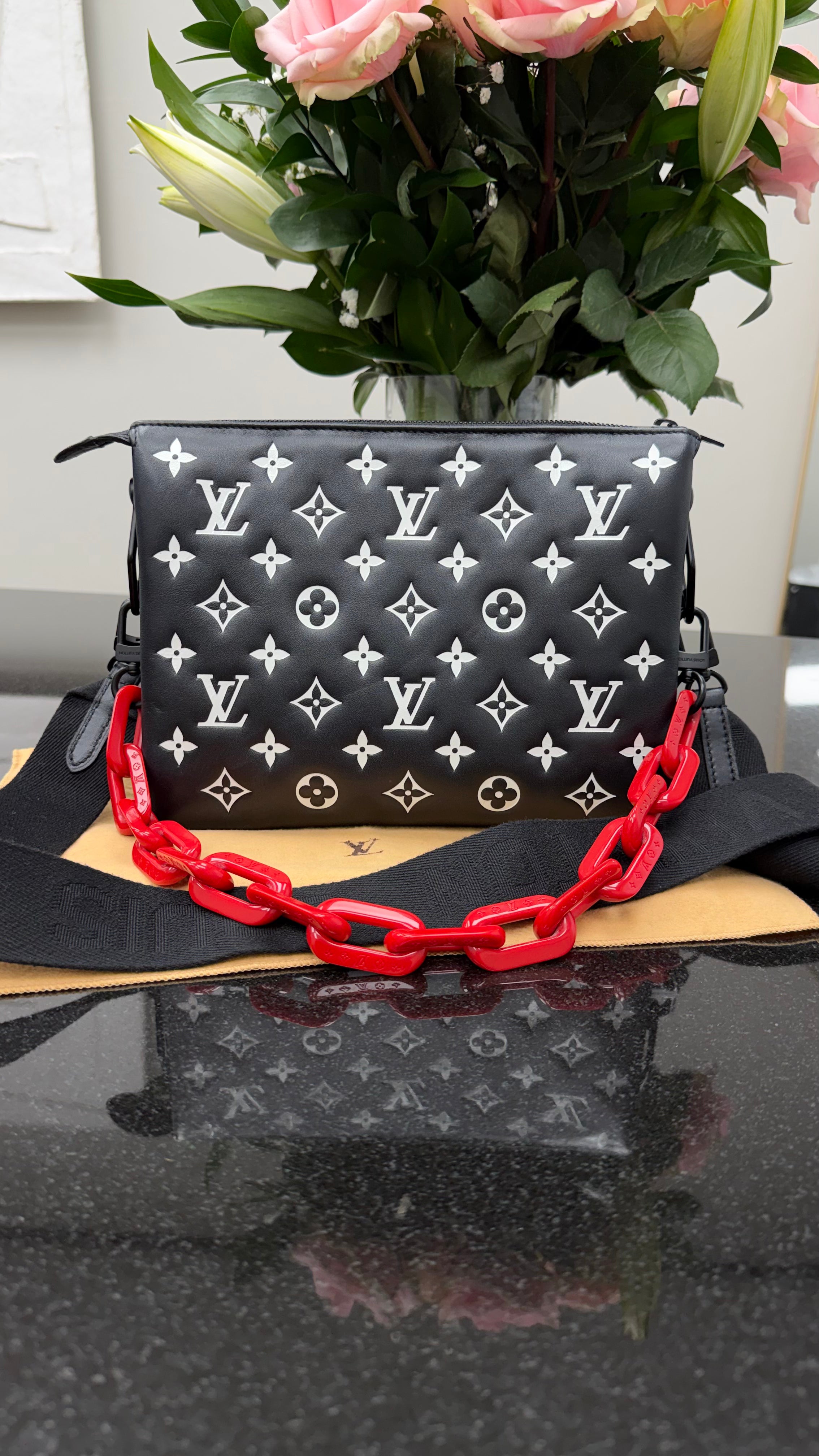 Louis Vuitton Black & White Embossed Lambskin Leather Coussin PM