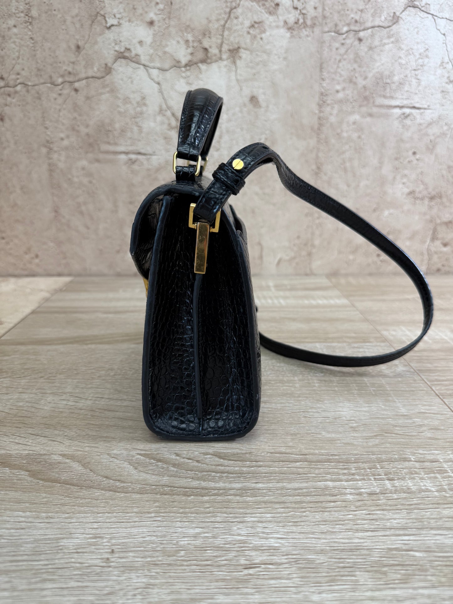 Saint Laurent YSL Black Crocodile Embossed Leather Cassandra Mini Top Handle Bag