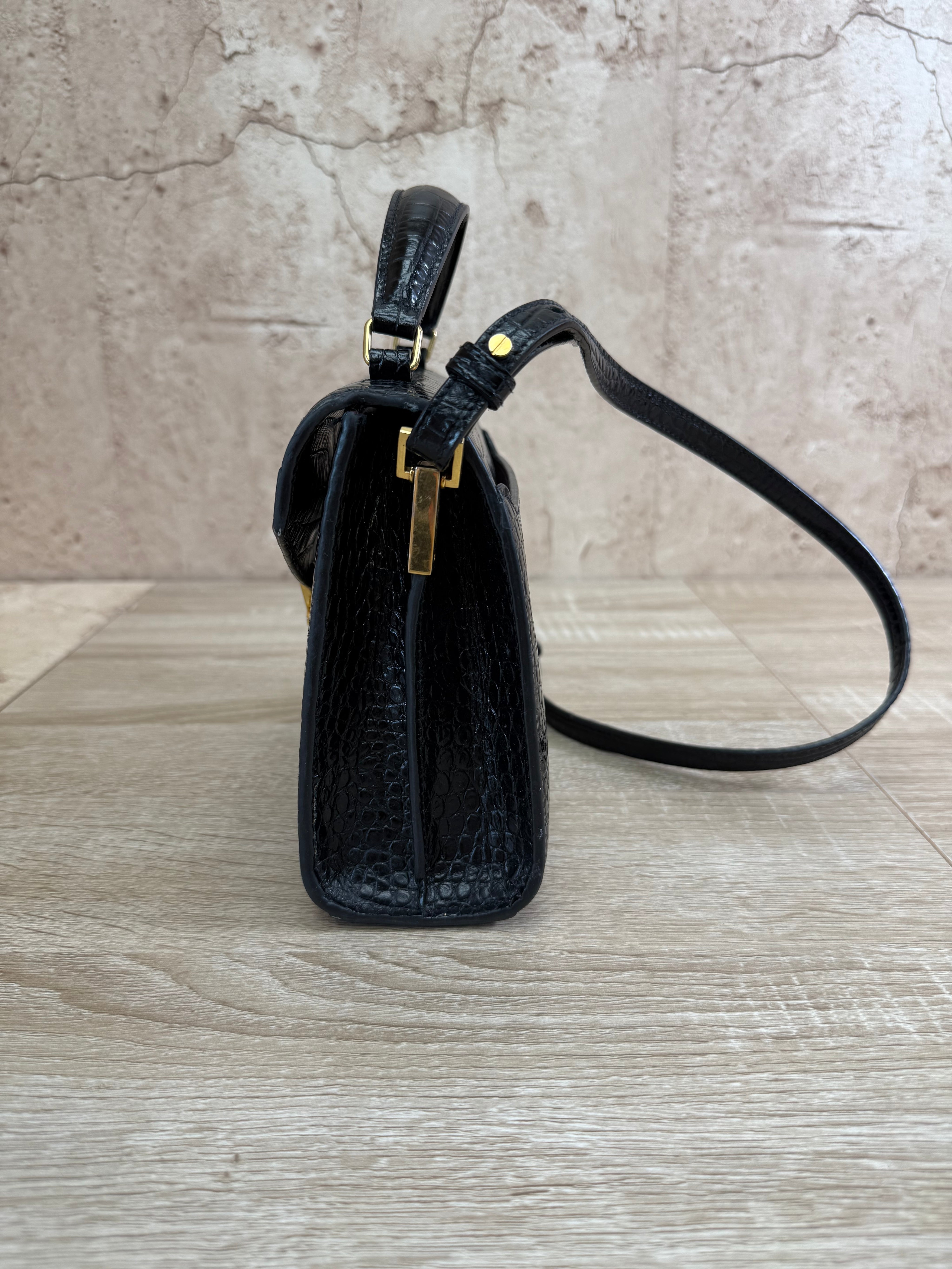 Saint Laurent YSL Black Crocodile Embossed Leather Cassandra Mini Top Handle Bag