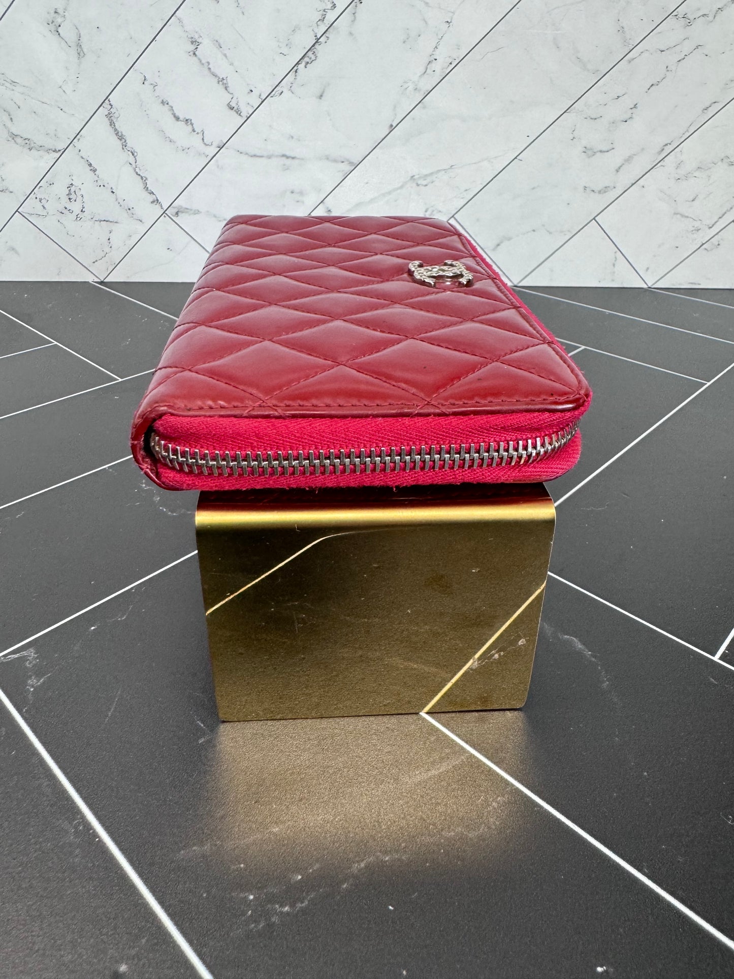 Chanel Red Patent Leather Quilted Zippy Wallet