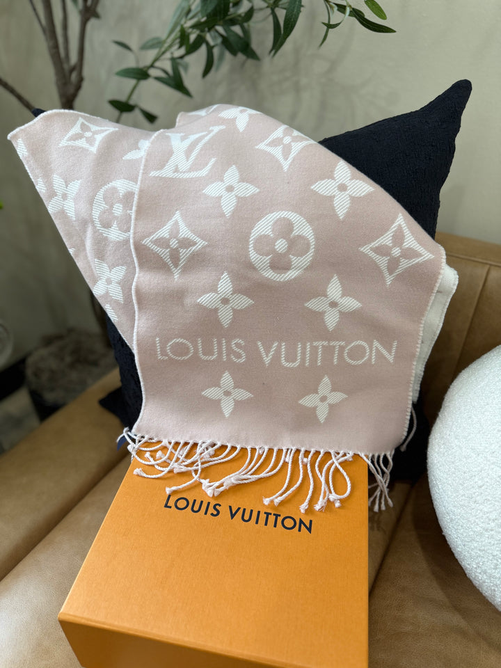 Brand New- Louis Vuitton Rose & White Monogram Reversible Wool Scarf