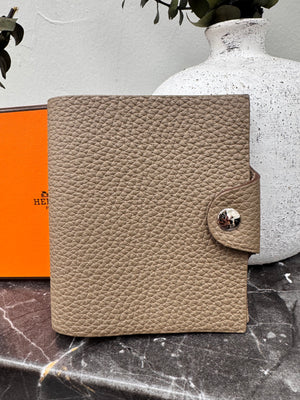 LIKE NEW - Hermes Taupe Pebbled Leather Ulysse Mini Notebook Cover