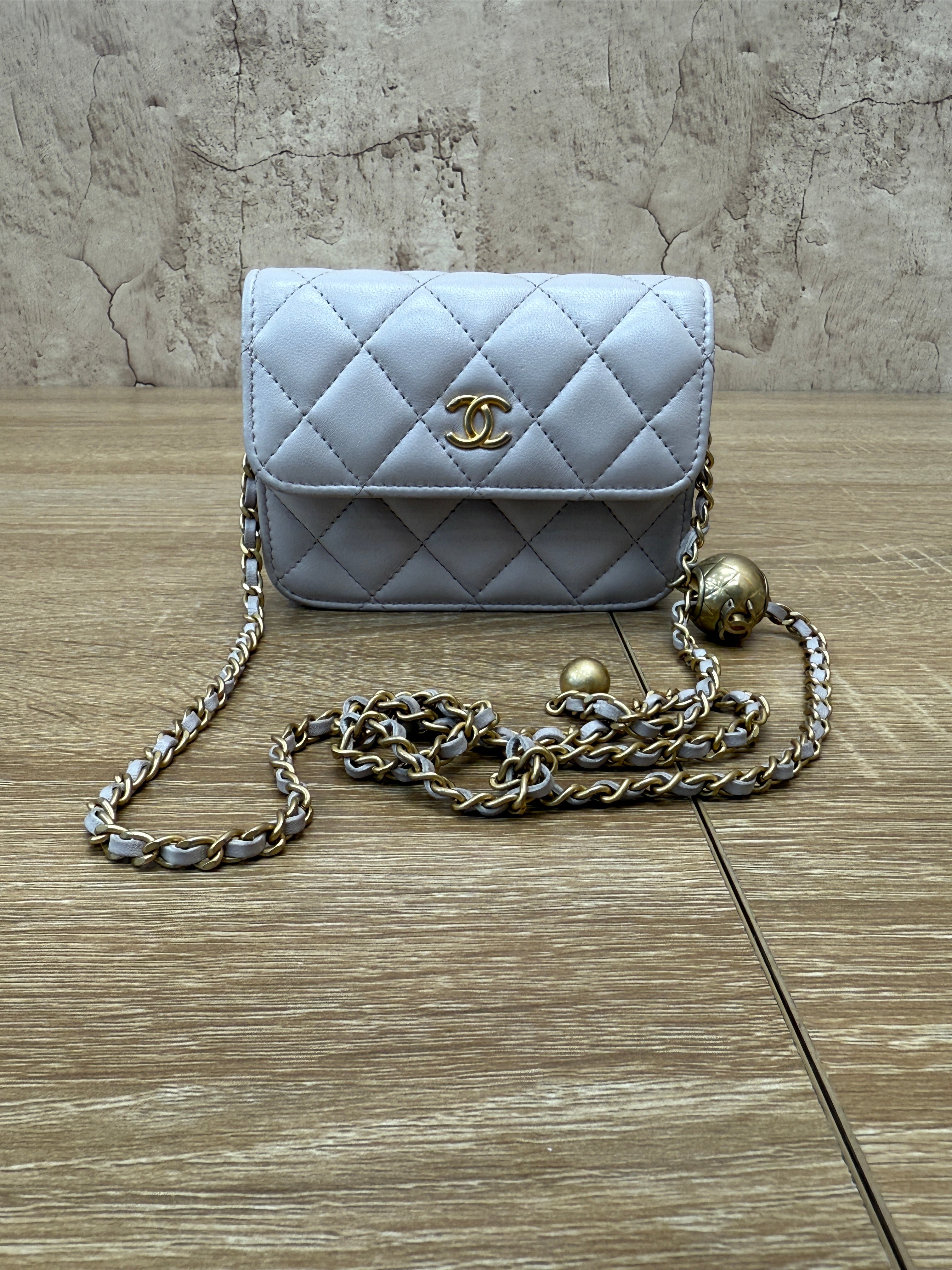 Chanel Taupe Quilted Calfskin Mini Pearl Crush Flap Clutch with Chain