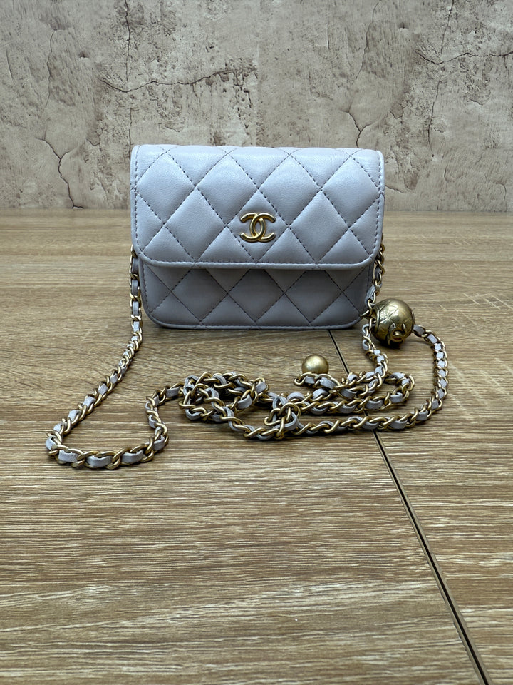 Chanel Taupe Quilted Calfskin Mini Pearl Crush Flap Clutch with Chain