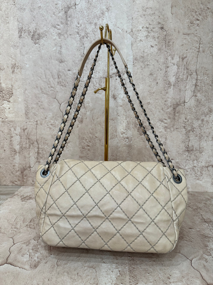 Chanel Beige Caviar Wild Stitch Jumbo Flap Crossbody Bag