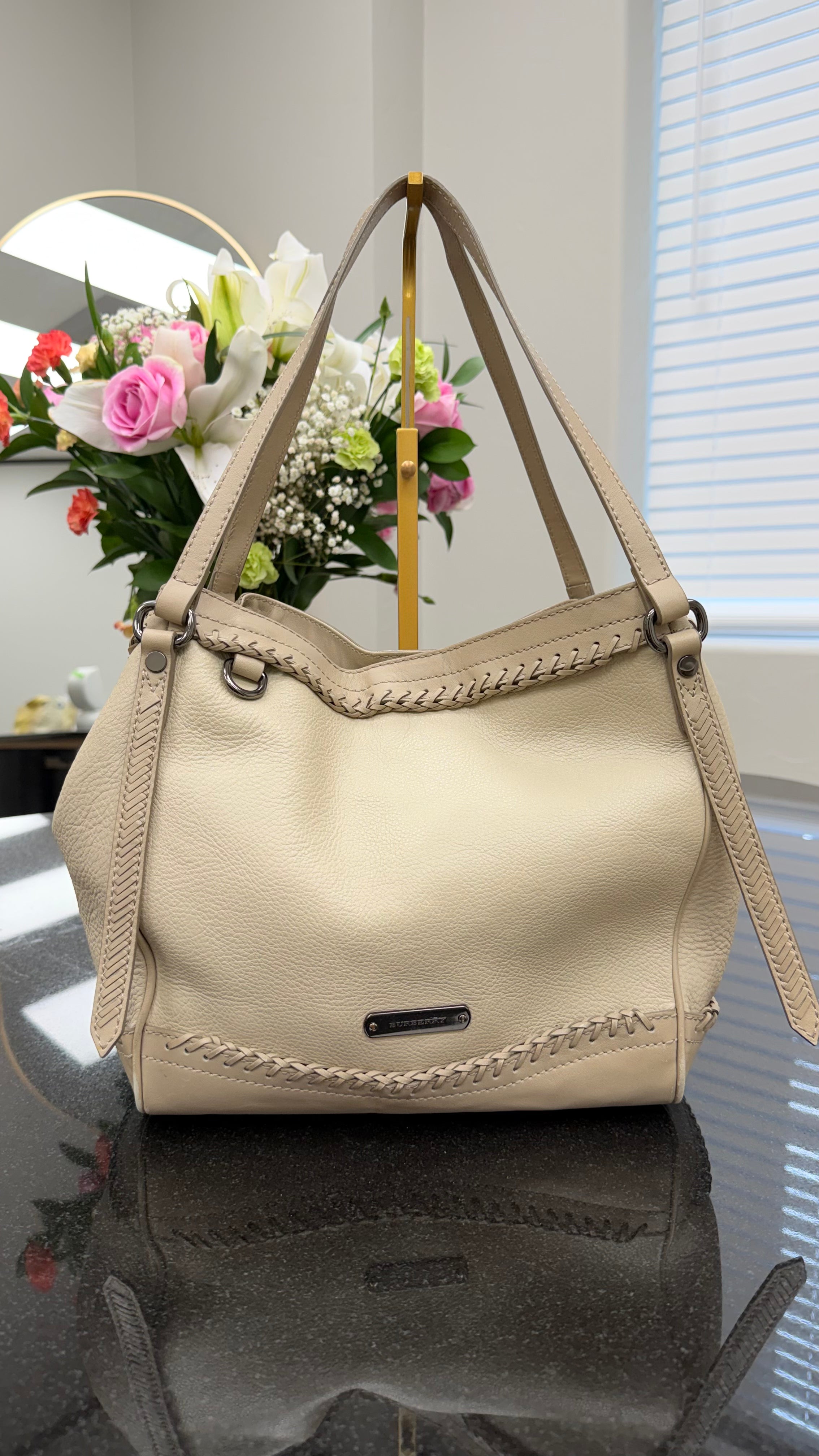 Burberry Beige Leather Woven Trim Tote Bag