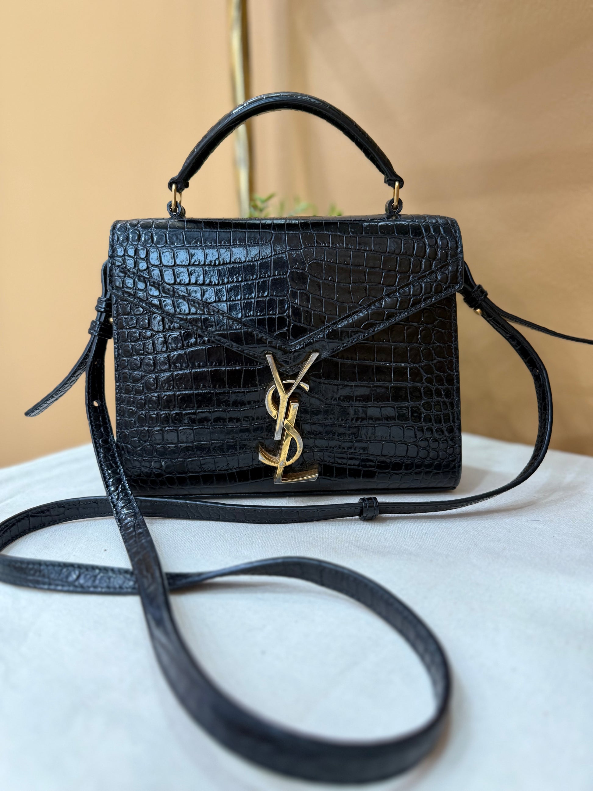 Saint Laurent YSL Black Crocodile Embossed Leather Cassandra Mini Top Handle Bag