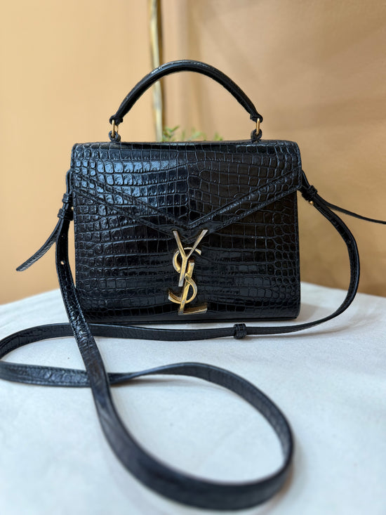 Saint Laurent YSL Black Crocodile Embossed Leather Cassandra Mini Top Handle Bag