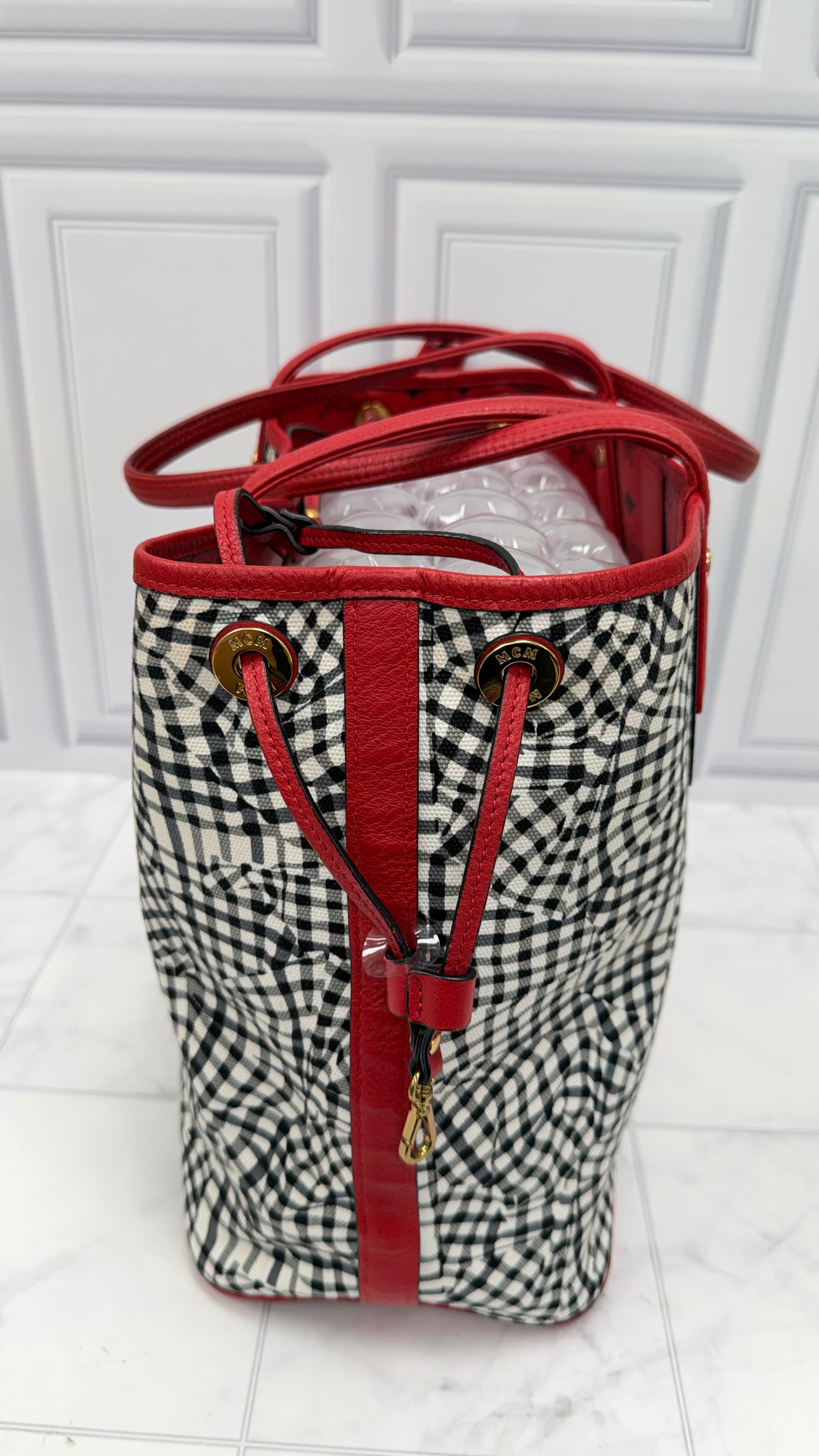 MCM White & Black Checkered Canvas & Red Visetos Leather Reversible Tote