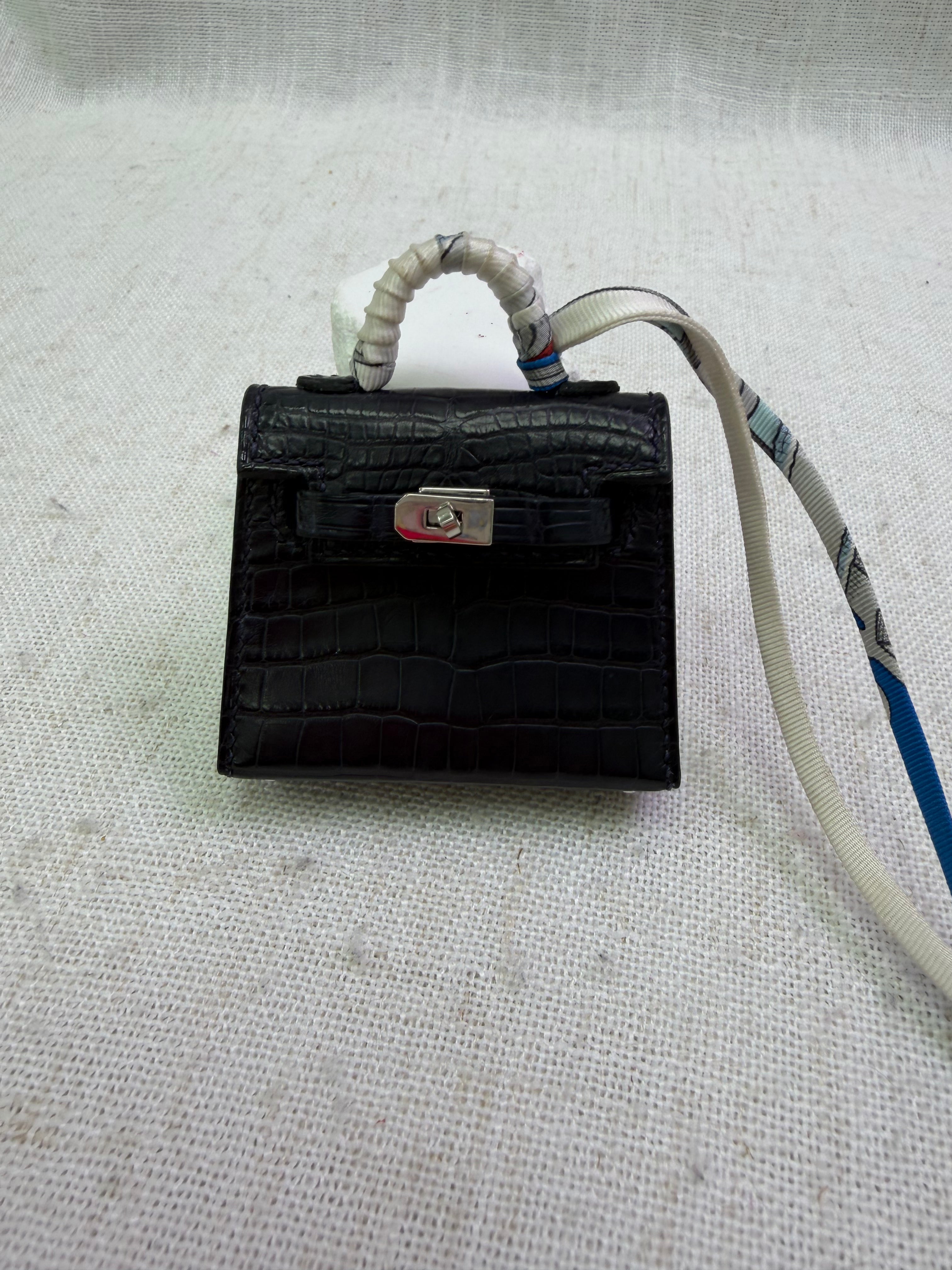 Hermes Black Matte Alligator Mini Kelly Twilly Bag Charm