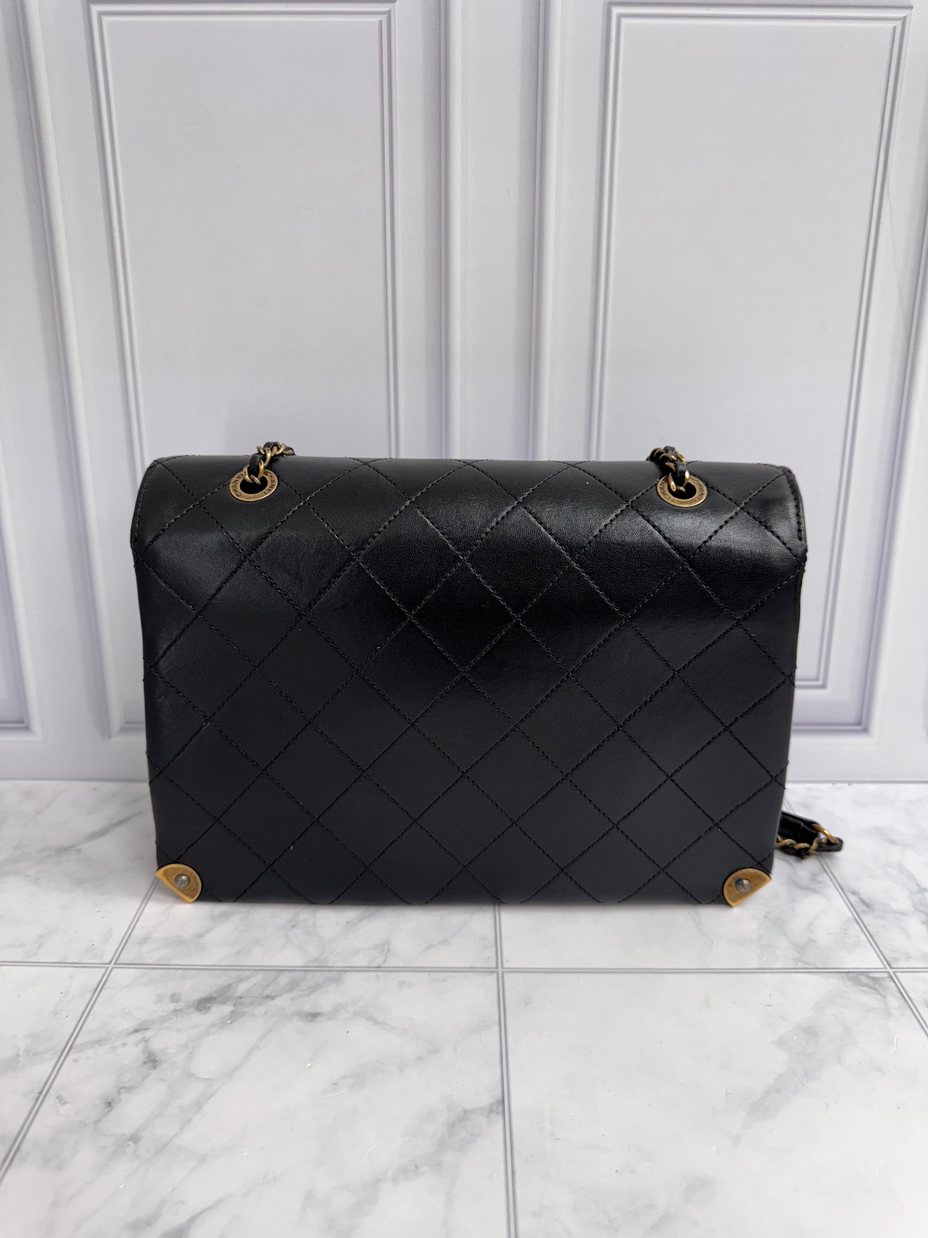 Chanel Black Diamond Quilted Leather Around The Corner Flap Bag