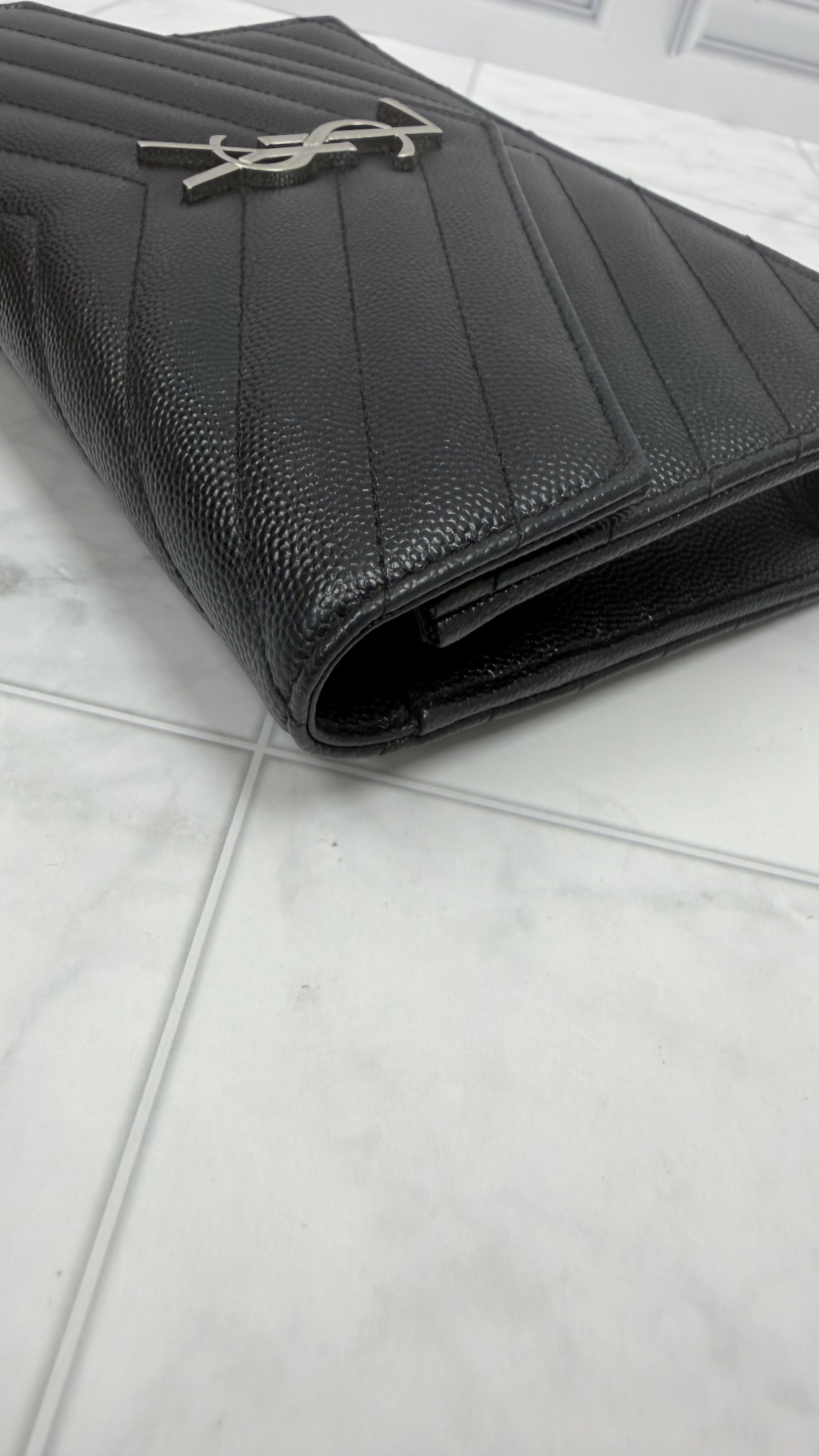 *DON DROP* Saint Laurent YSL Black Pebbled Leather Cassandre Envelope Wallet on a Chain