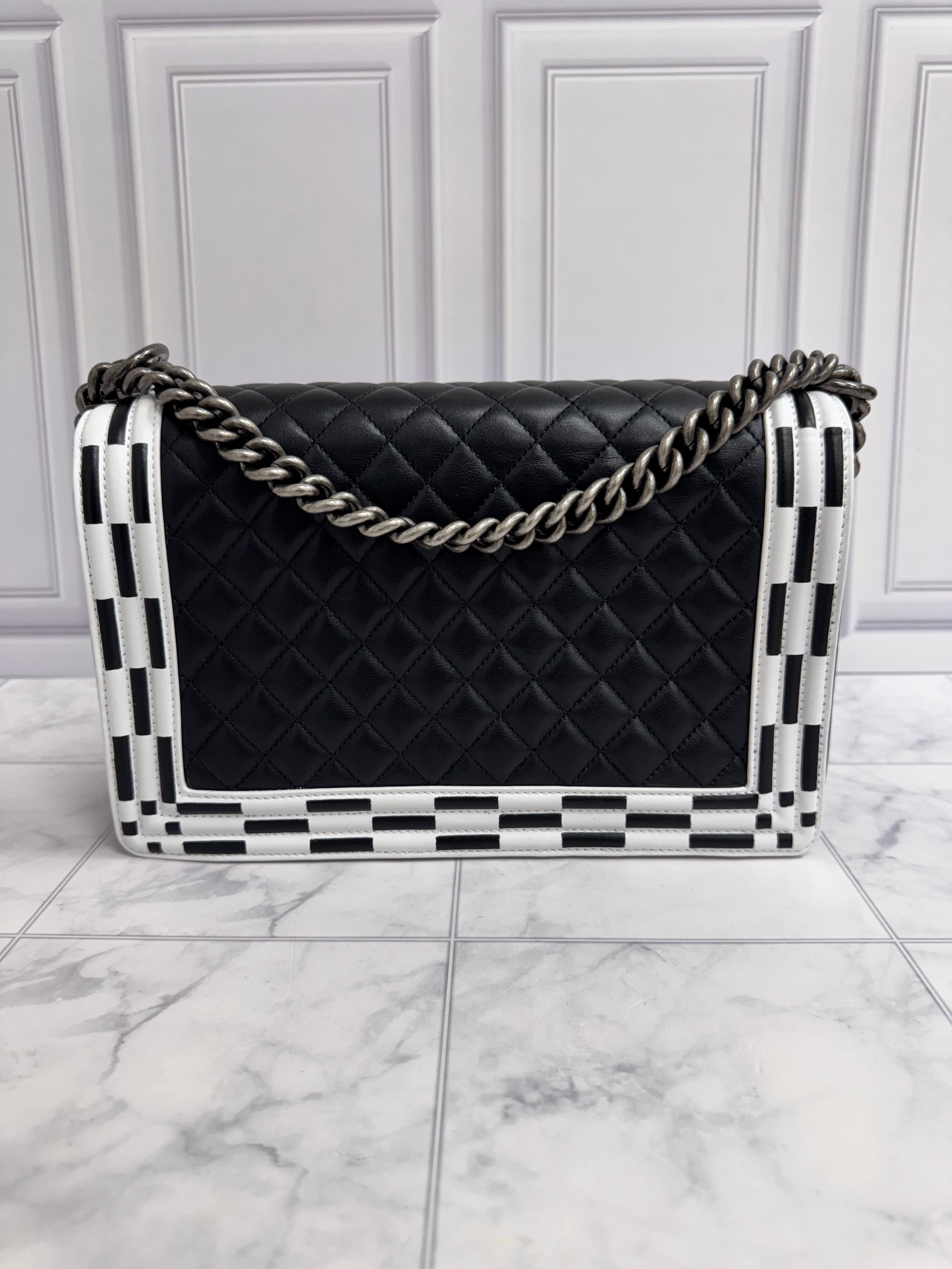 Chanel Black Diamond Quilted Leather Checkerboard Trim Medium Boy Bag